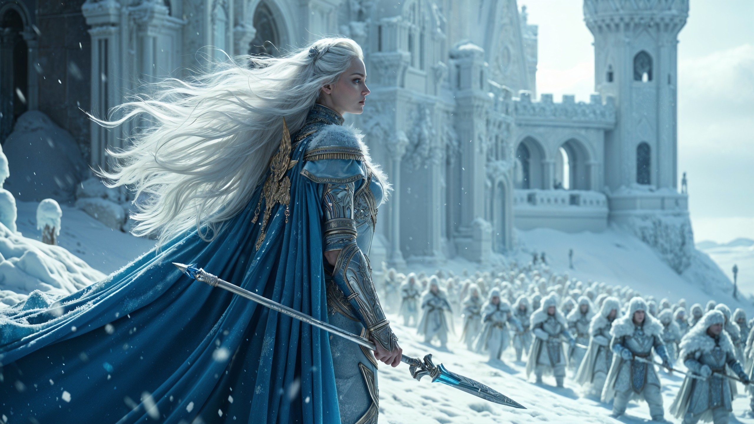 Regal figure in snowy landscape with armored warriors