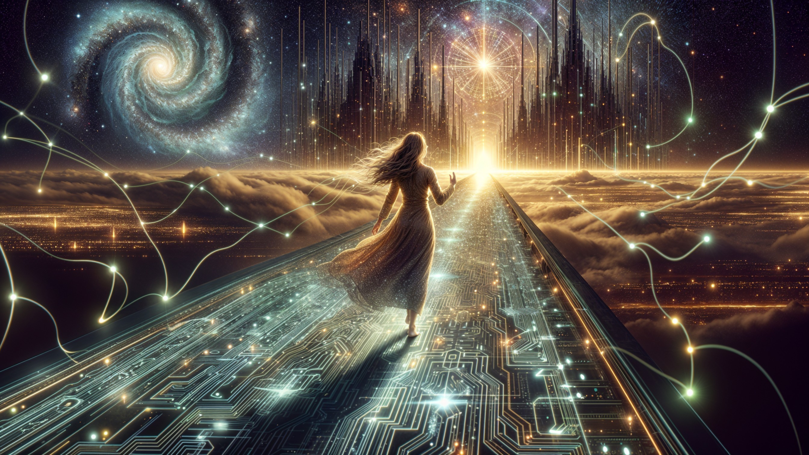 Young woman on luminous pathway in celestial landscape