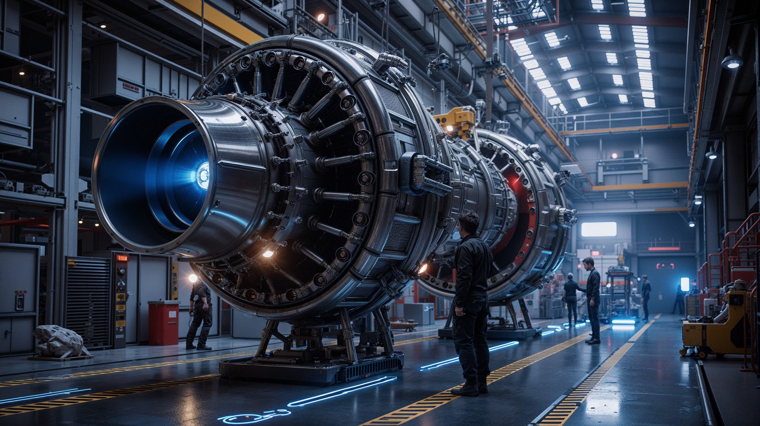 High-Tech Industrial Setting with Jet Engines and Workers