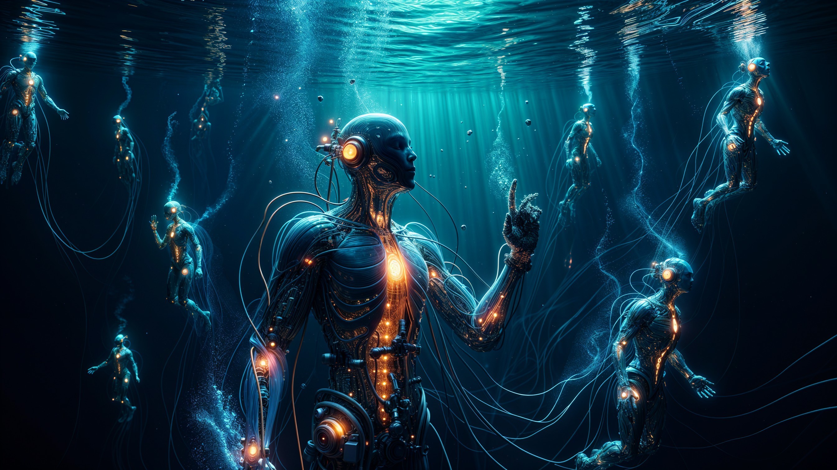 Surreal Underwater Scene with Humanoid Robots