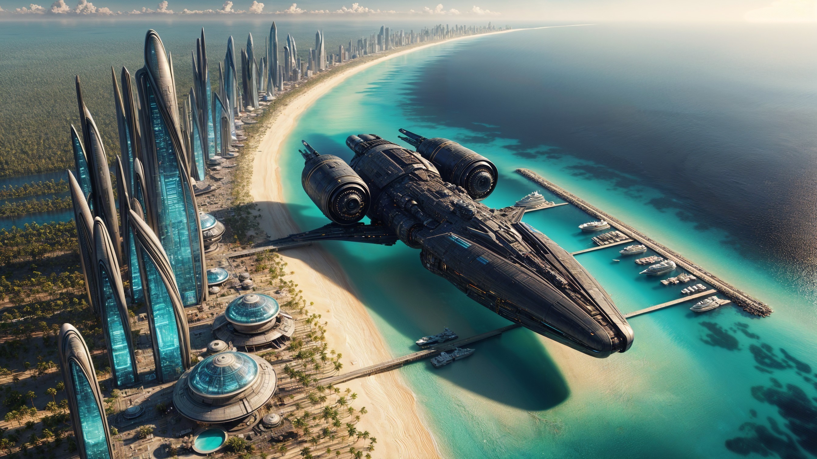 Futuristic Beachside City with Skyscrapers and Spaceship