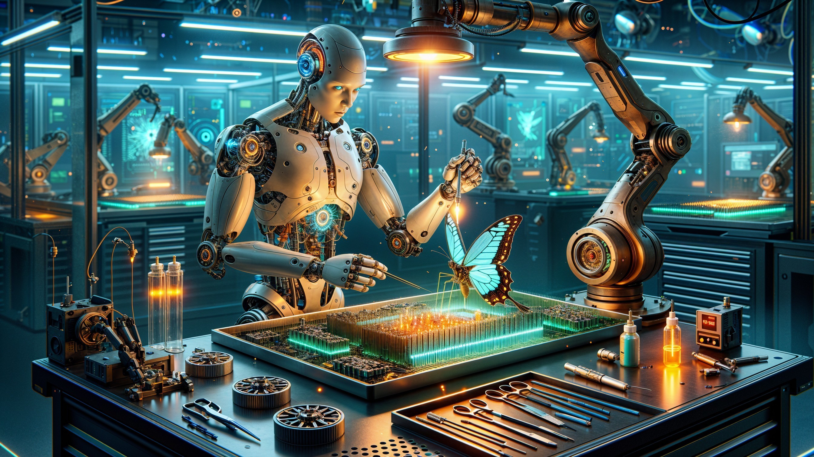 Futuristic Lab with Robot and Butterfly Interaction