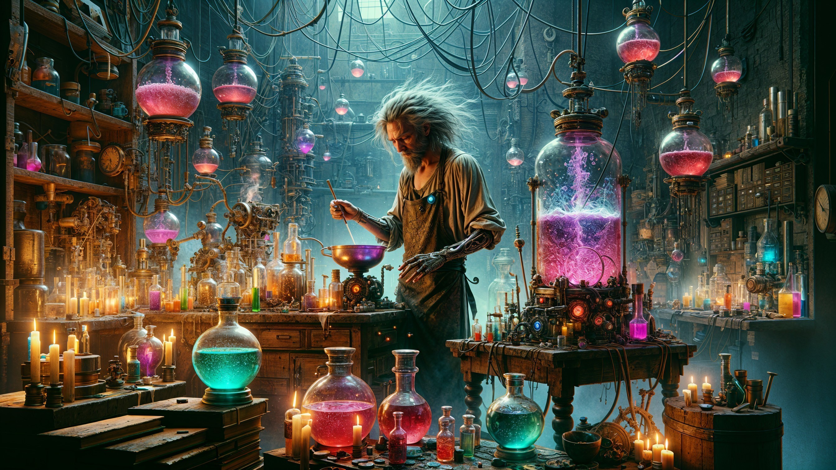 Alchemist's Laboratory with Glowing Potions and Artifacts