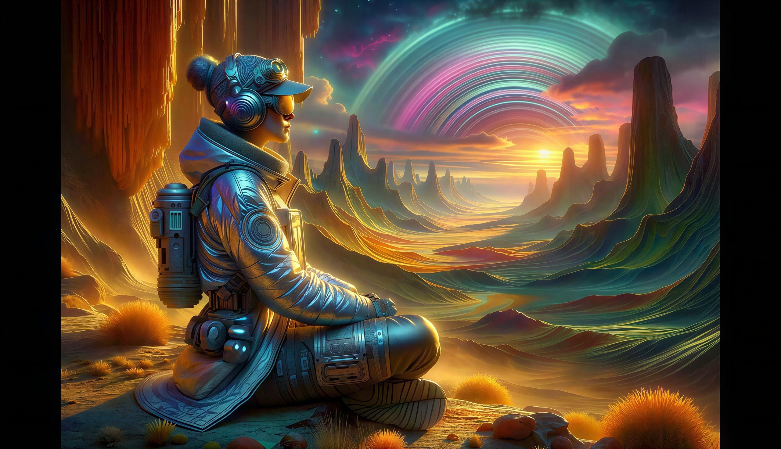 Person in metallic astronaut suit on rocky landscape