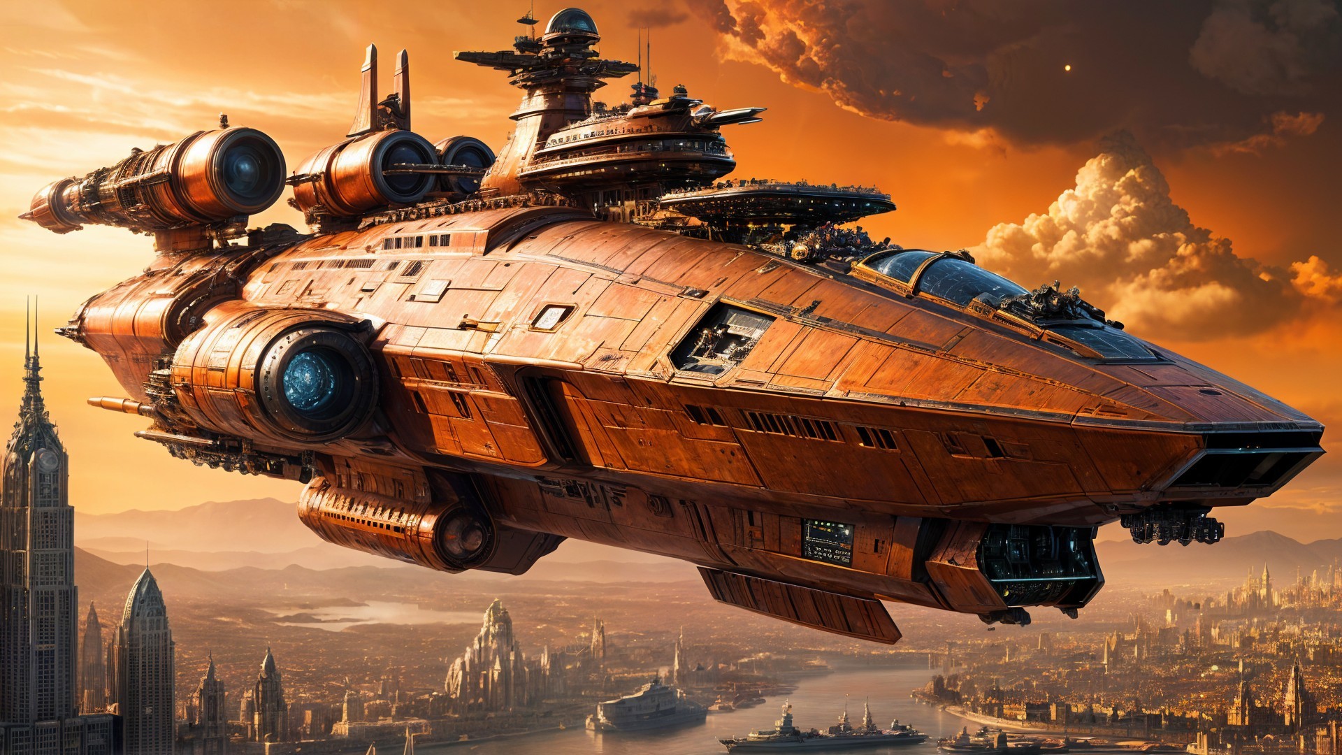 Intricately Designed Spaceship Over Futuristic Cityscape