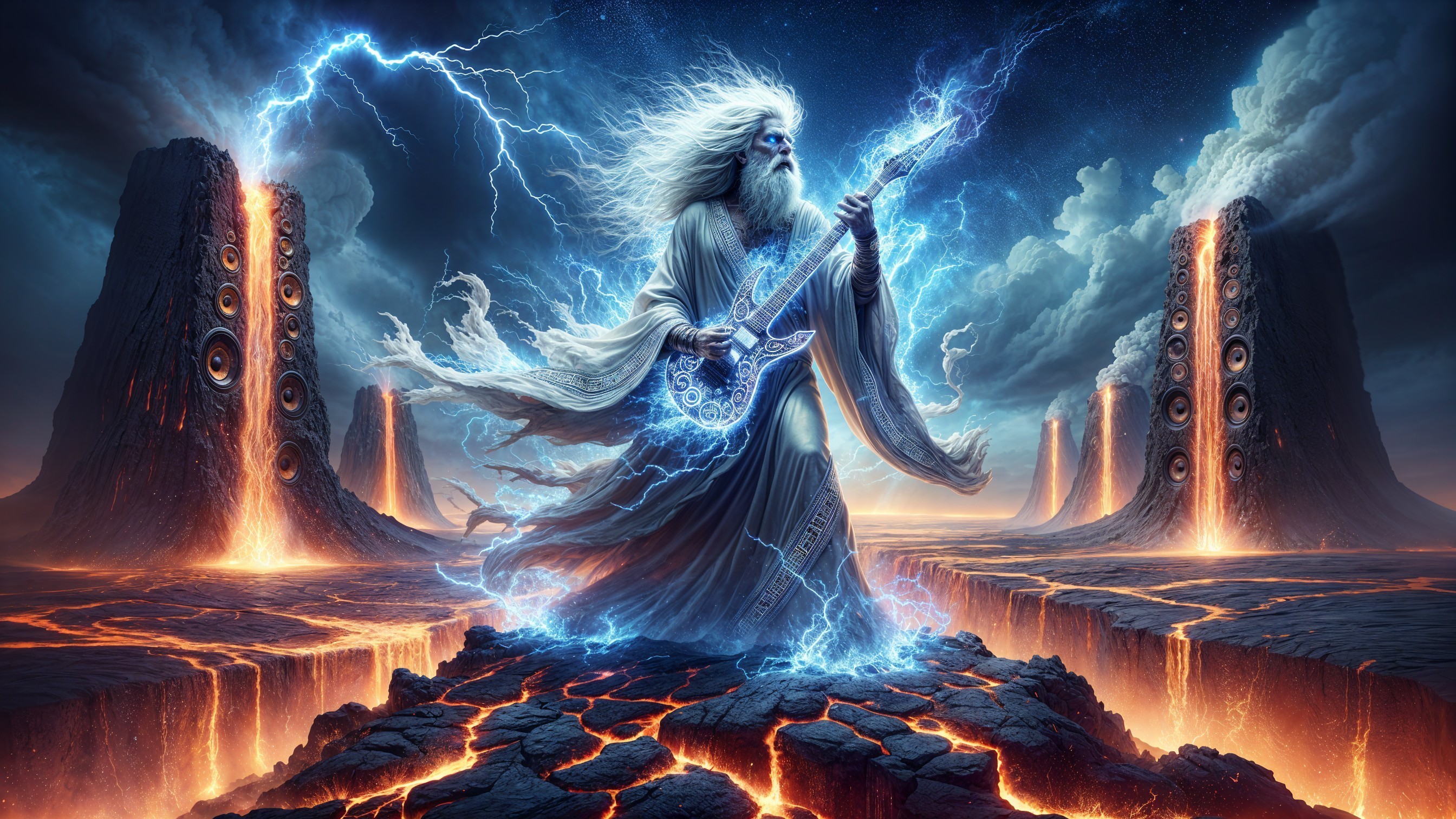 Majestic figure with electric guitar in volcanic landscape