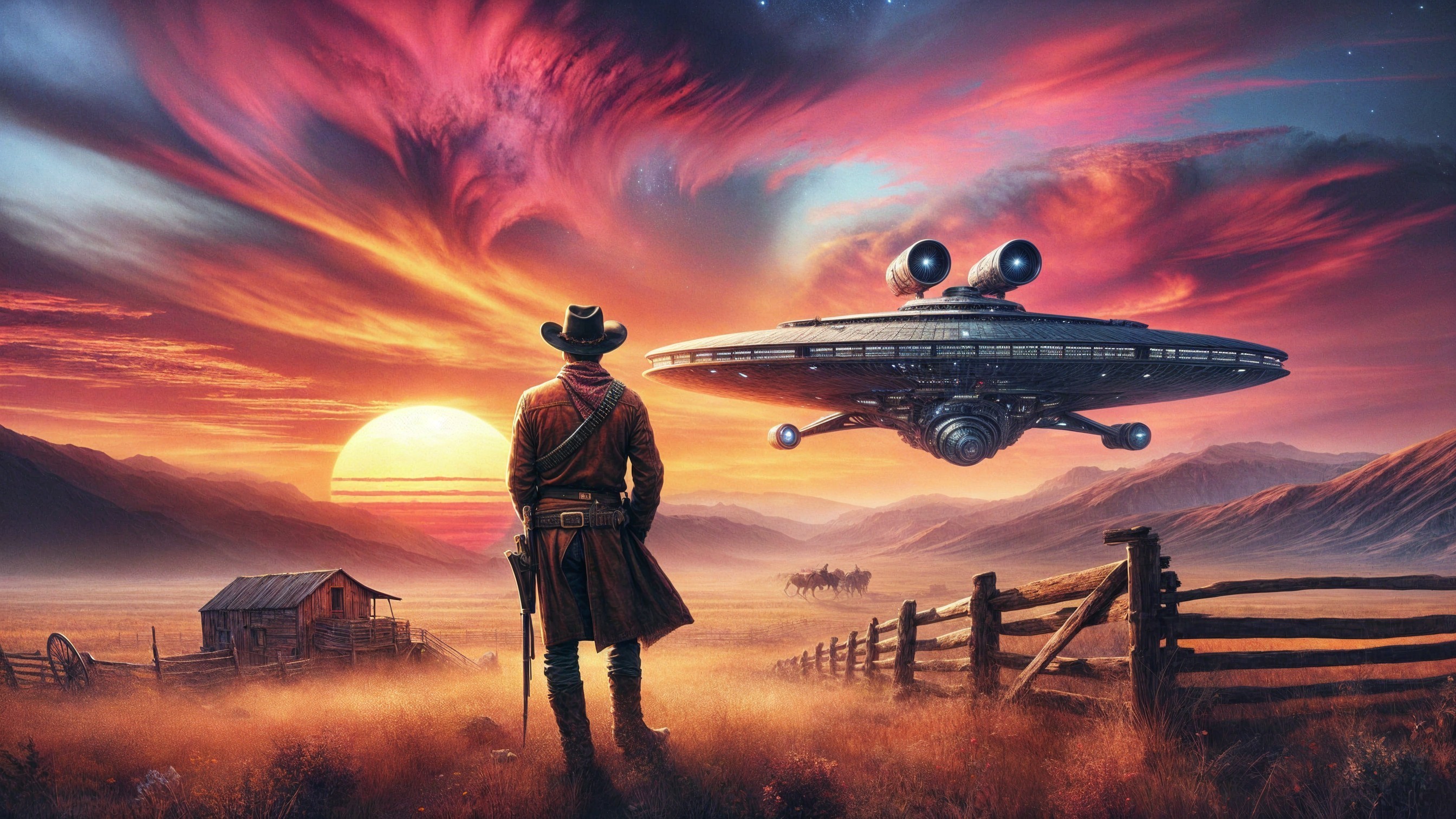 Cowboy in Sunset with Futuristic Spaceship Above