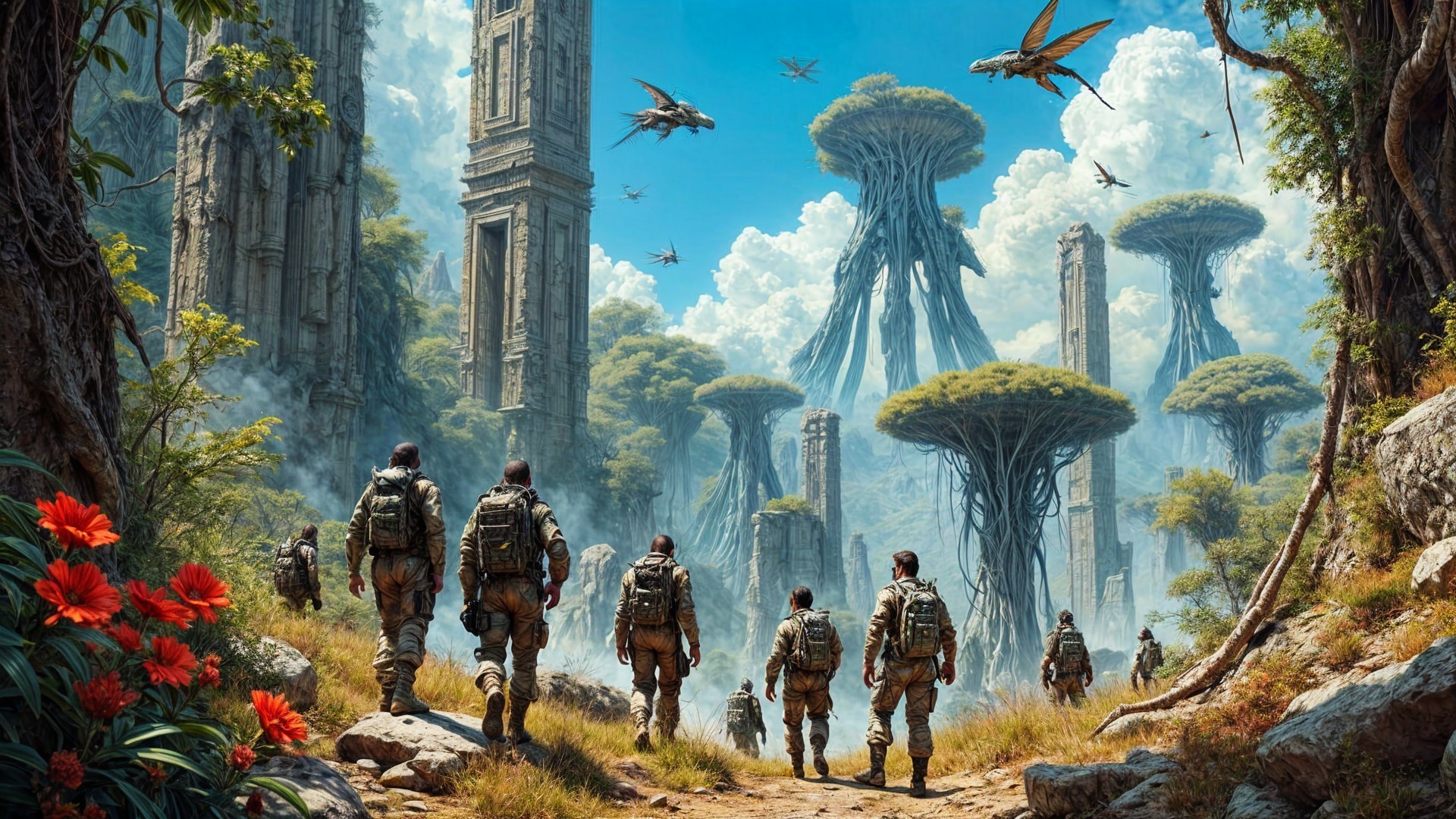 Soldiers in Tactical Gear Navigate Lush Fantasy Landscape