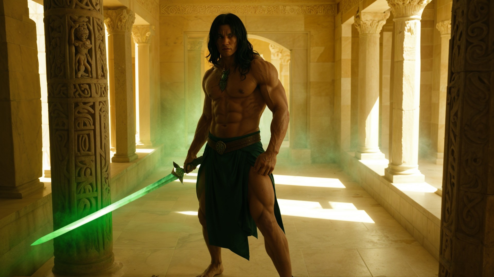 Muscular Warrior in Ancient Corridor with Green Sword
