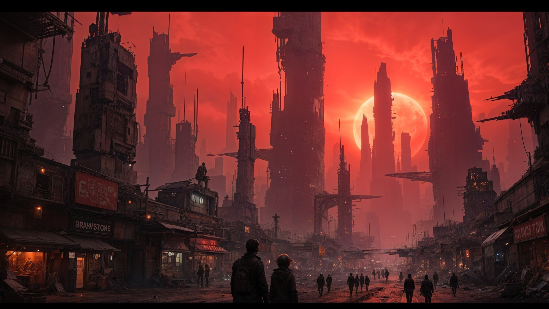 Dystopian Cityscape with Ruined Skyscrapers and Shadows