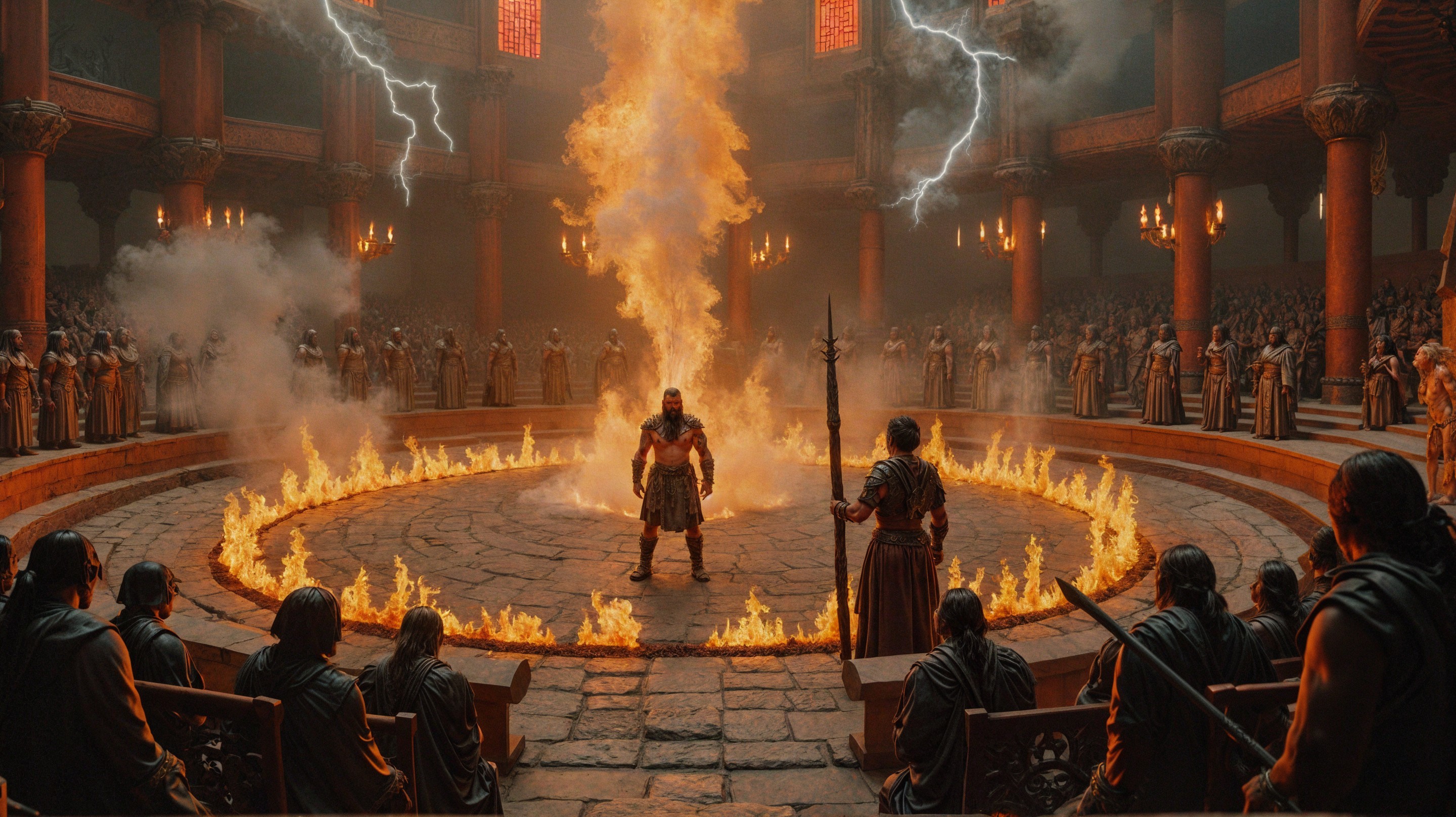 Warrior in Ancient Arena Surrounded by Flames and Lightning