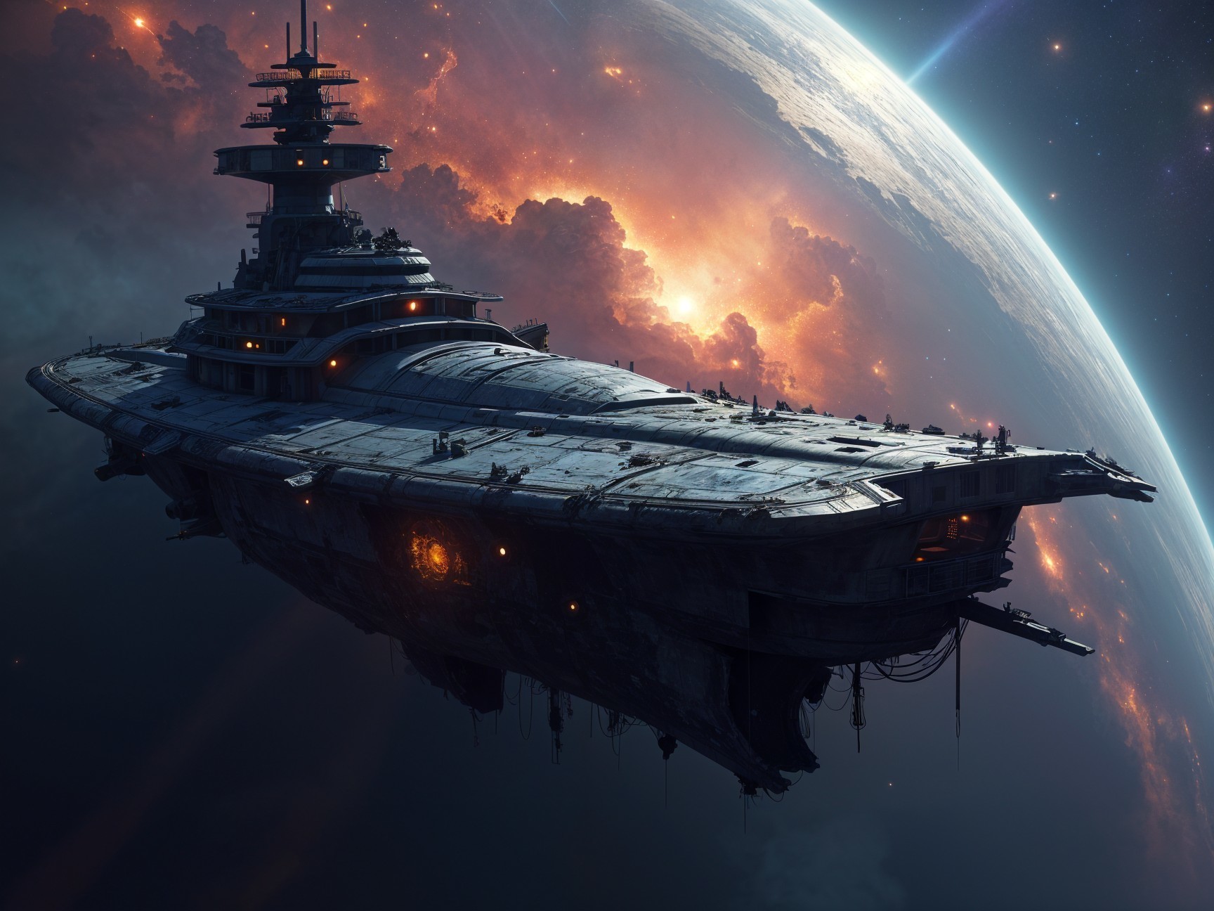 Futuristic spaceship in vibrant cosmic backdrop