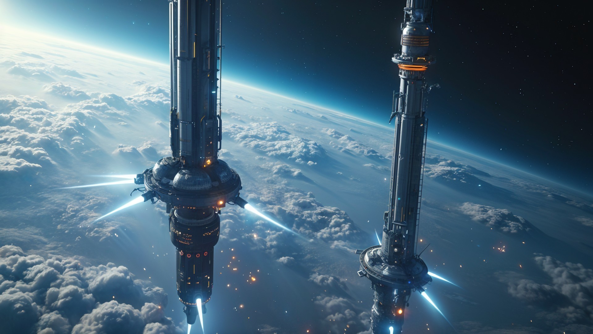 Futuristic Space Scene with High-Tech Towers and Earth