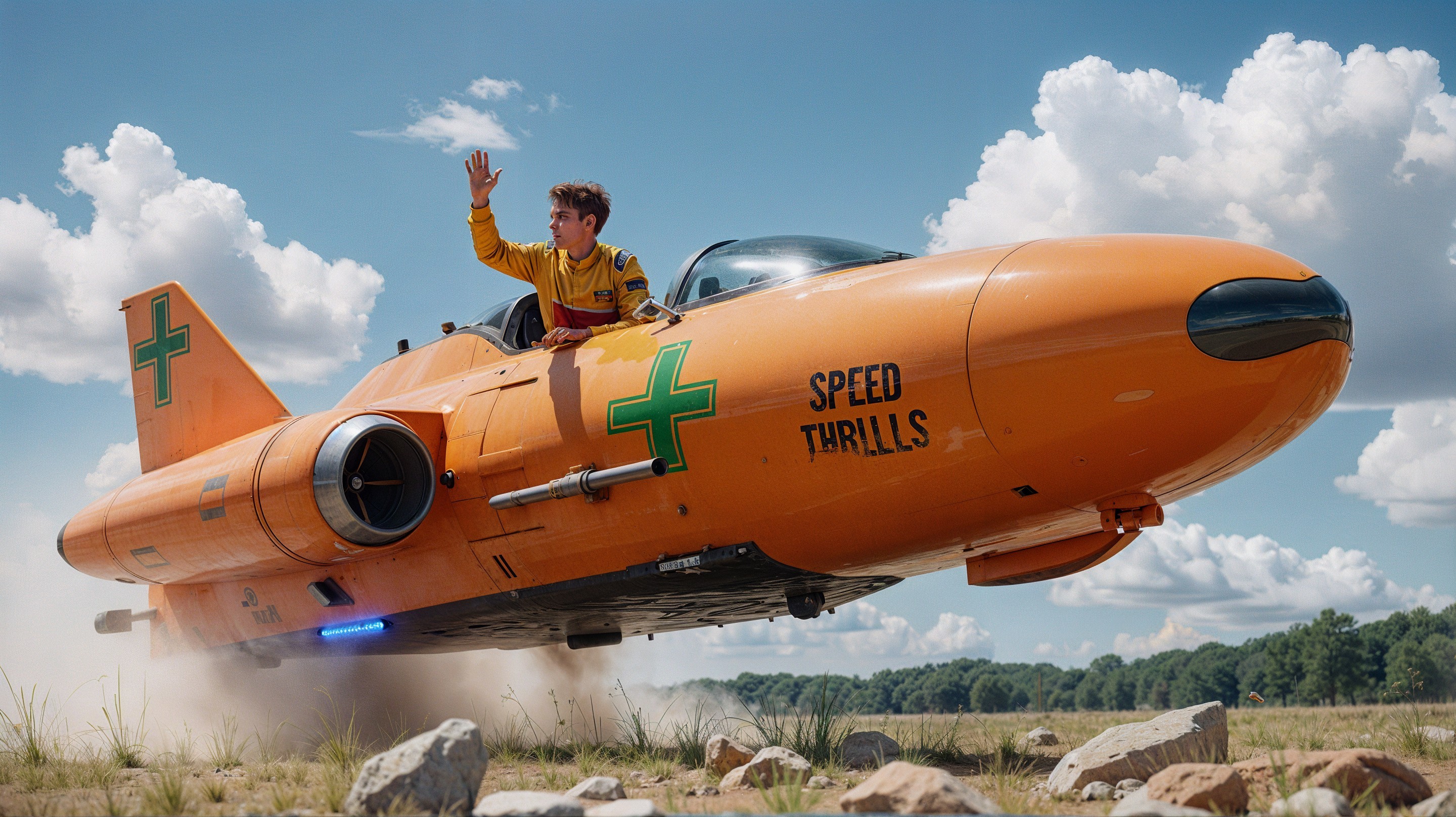 Futuristic orange jet ascending from rocky terrain