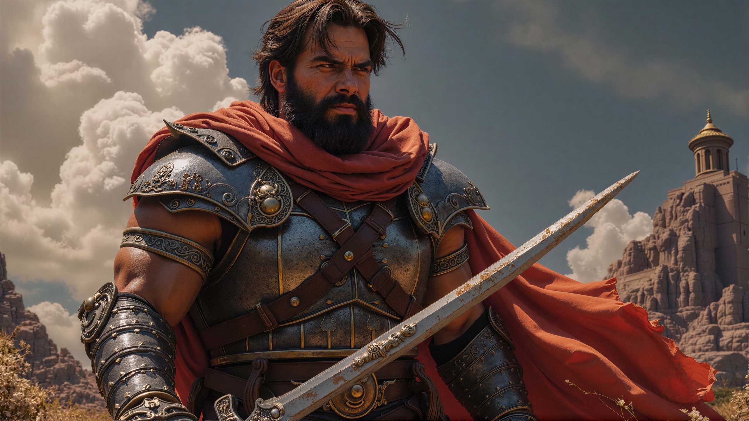 Bearded Man in Armor with Sword and Ancient City Background