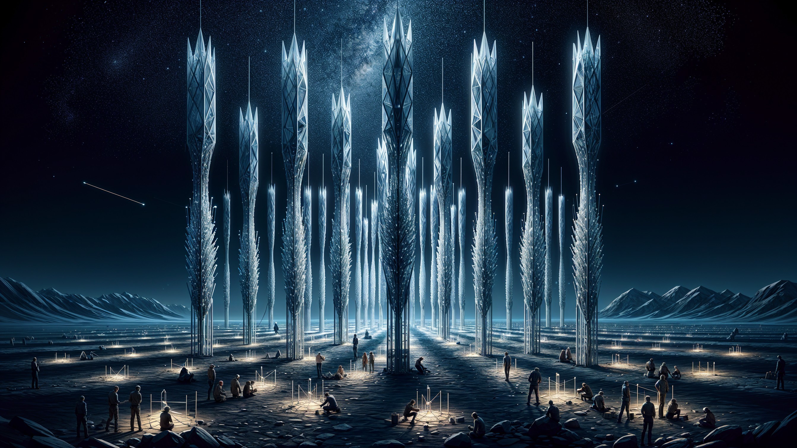 Futuristic landscape with crystalline structures and figures