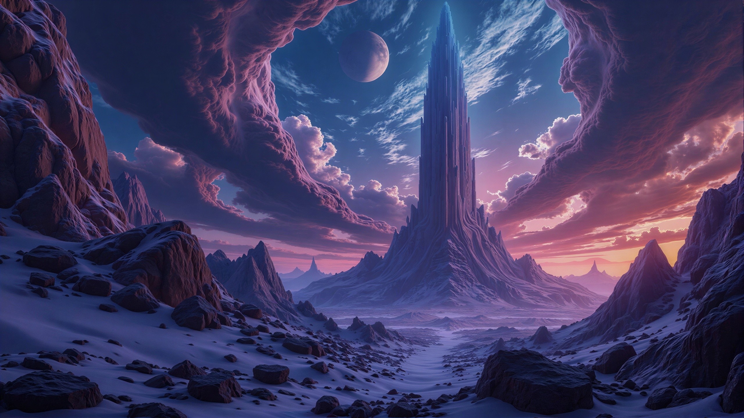 Fantastical sunset landscape with monolithic structure