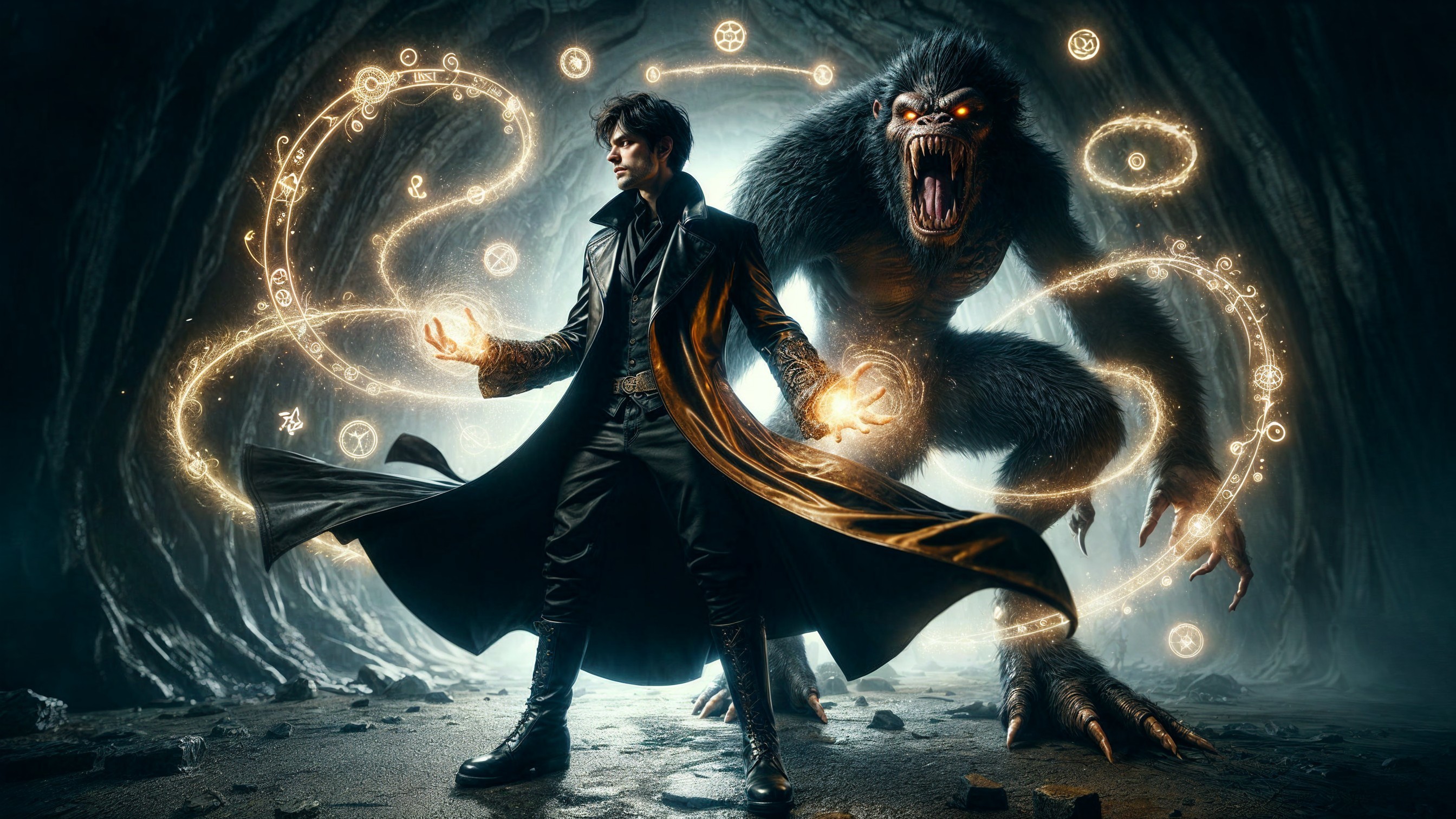 Dark Fantasy Scene with Mystical Symbols and Creature
