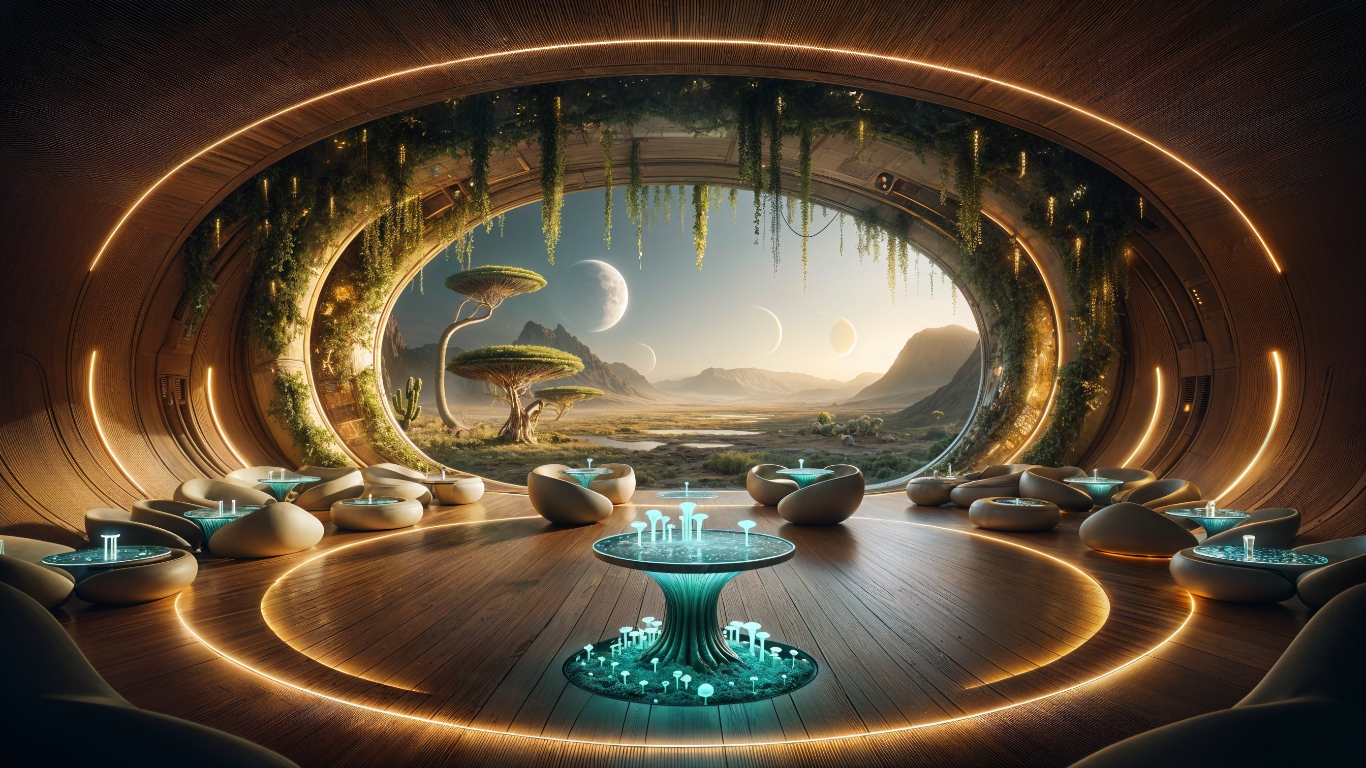 Futuristic lounge with alien landscape and organic design
