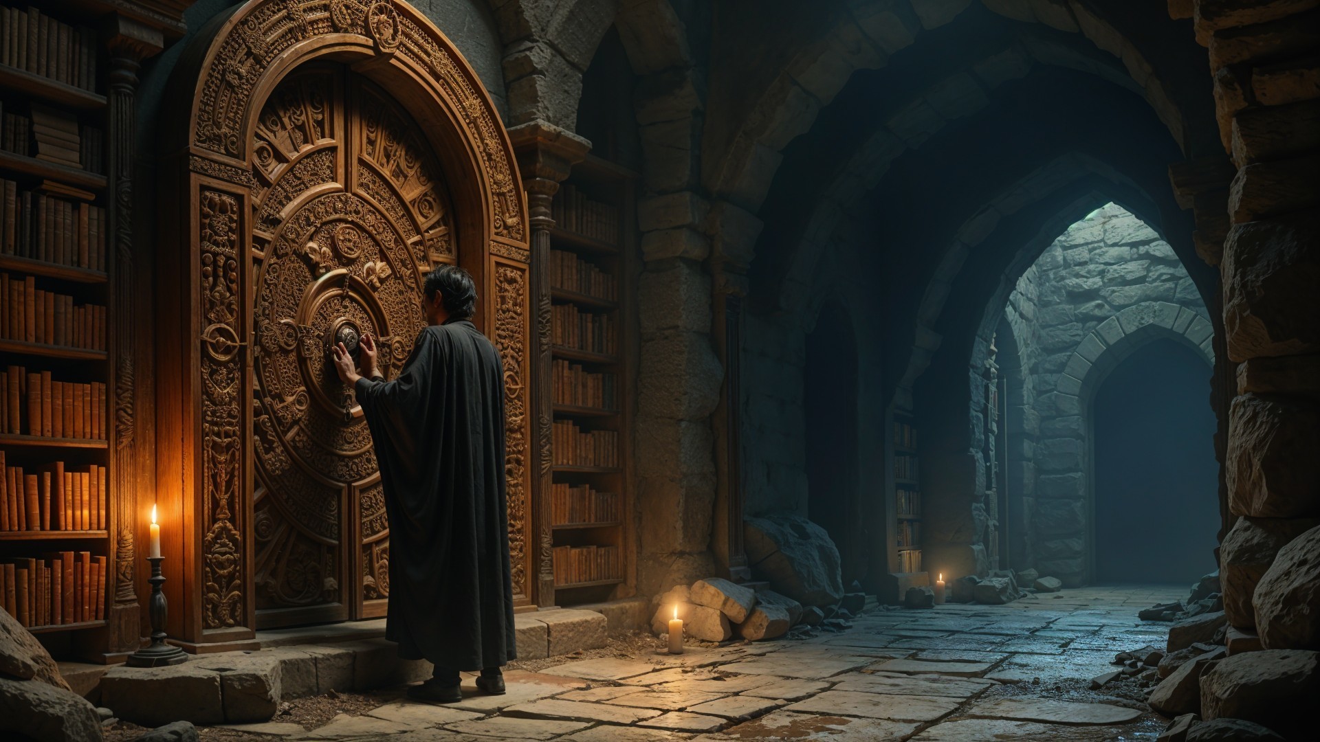 Ancient Library with Cloaked Figure and Carved Door
