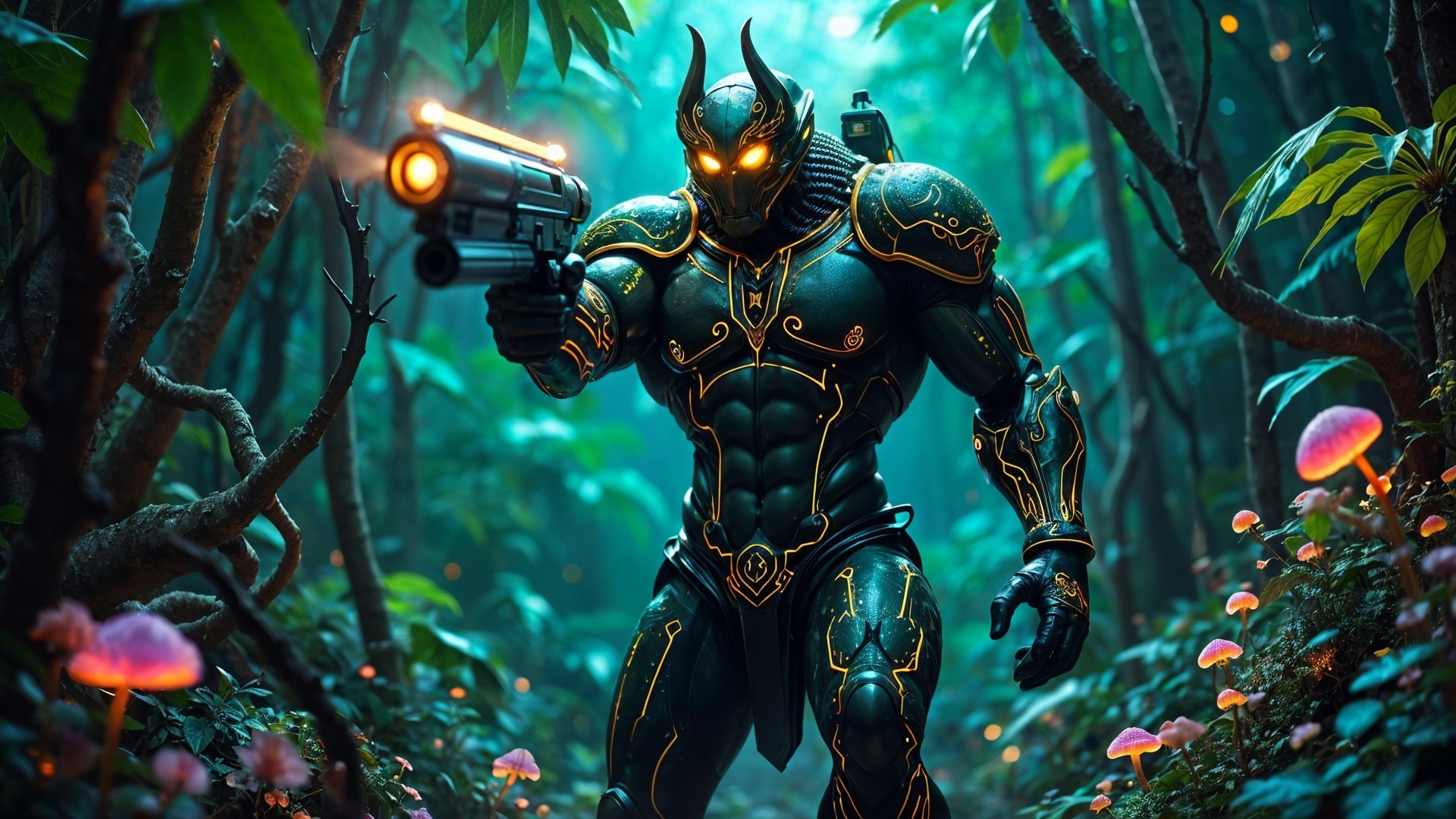 Futuristic Warrior in Vibrant Jungle with Gun
