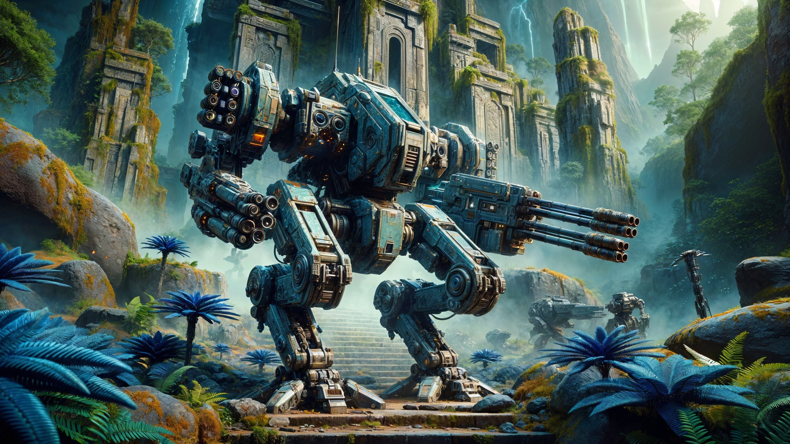 Colossal mech in ancient jungle with moss-covered ruins