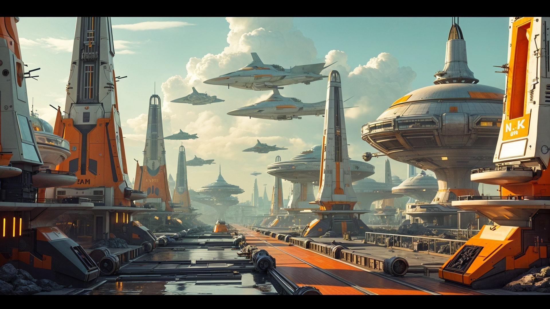 Futuristic cityscape with sleek towers and hovercraft