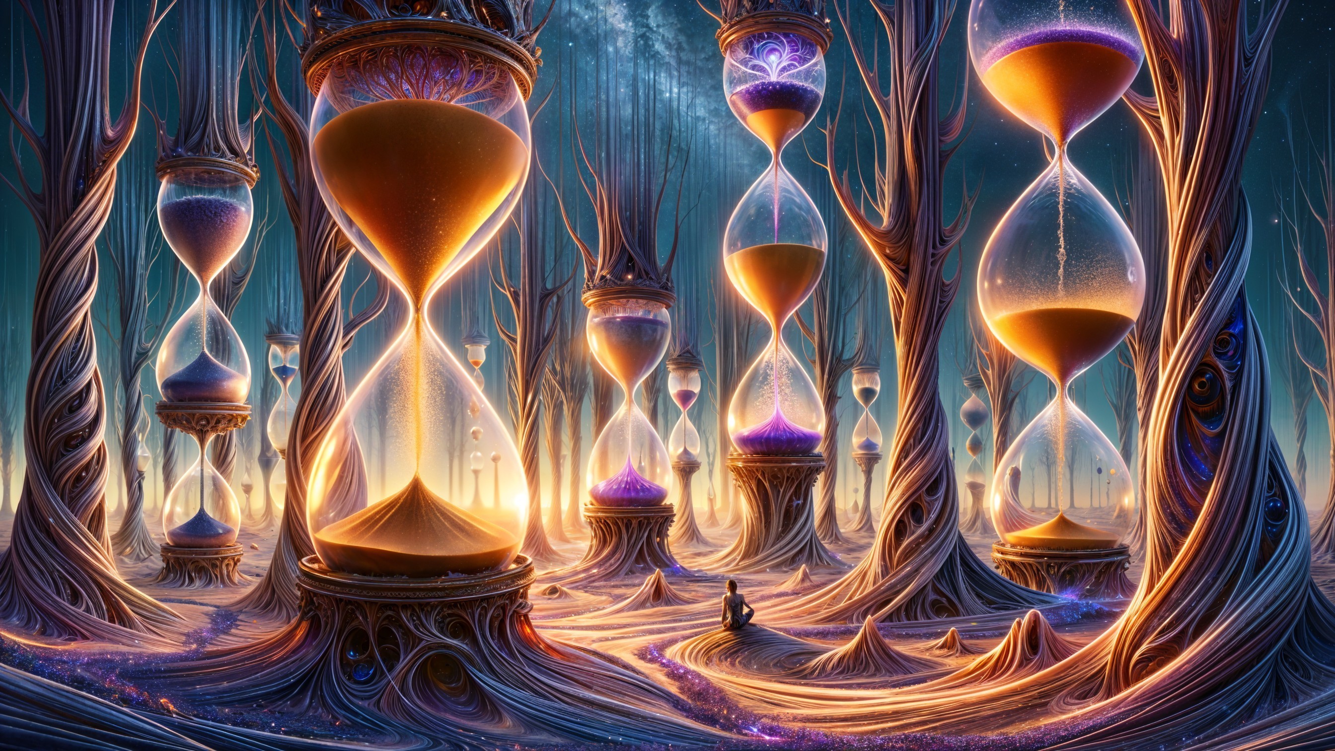 Surreal landscape with hourglasses and ethereal trees
