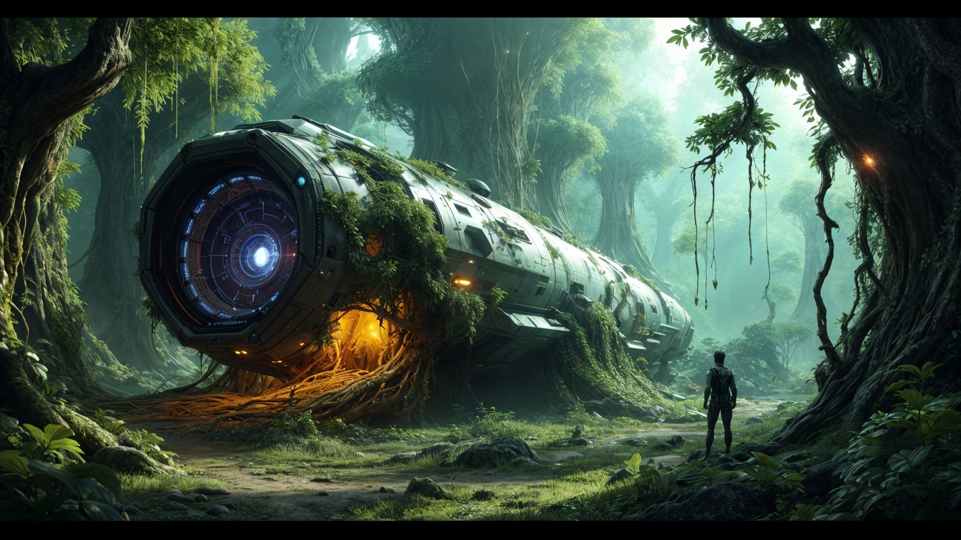 Futuristic spacecraft integrated in a lush forest setting