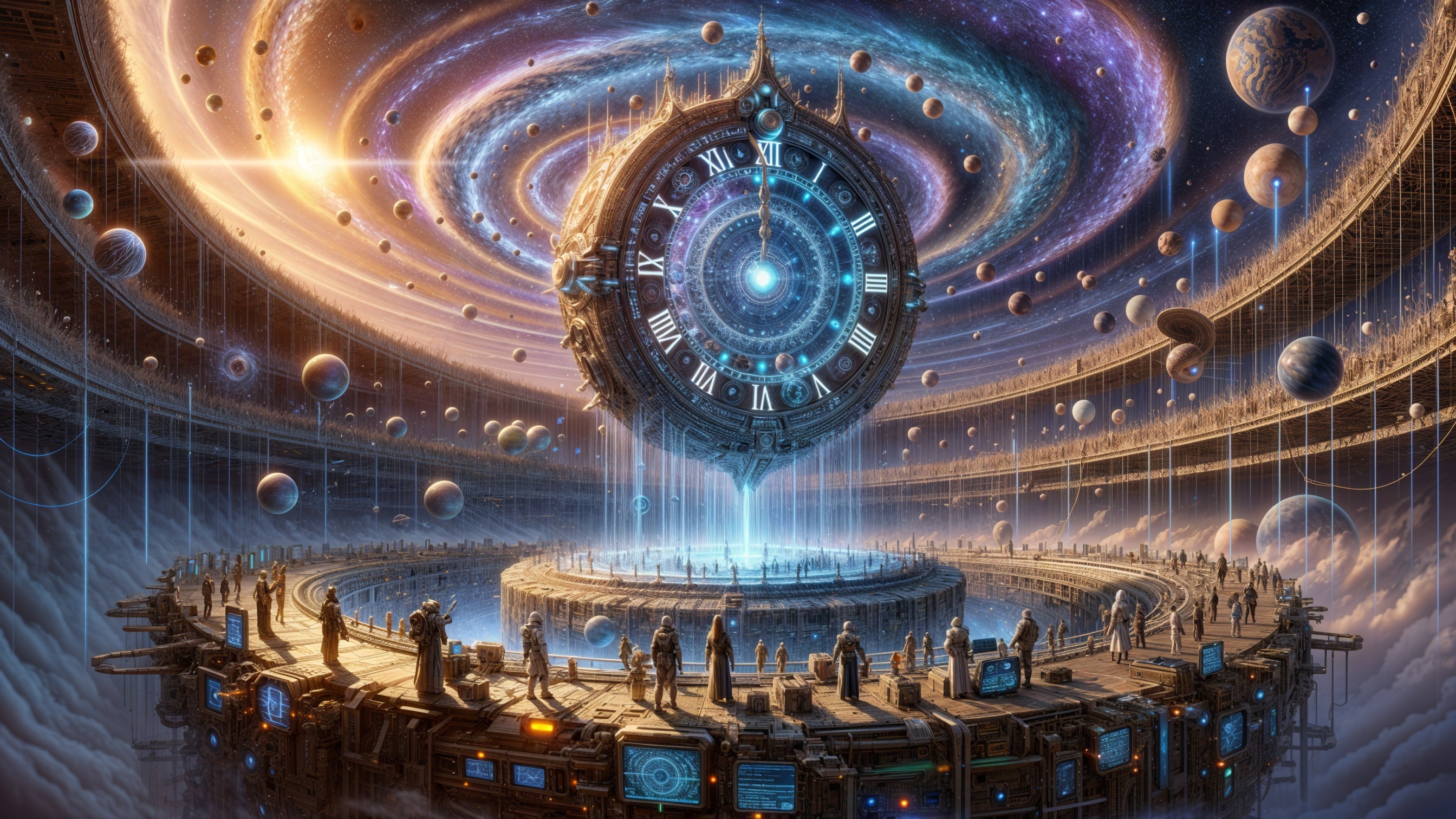 Cosmic Scene with Intricate Clock and Colorful Galaxy