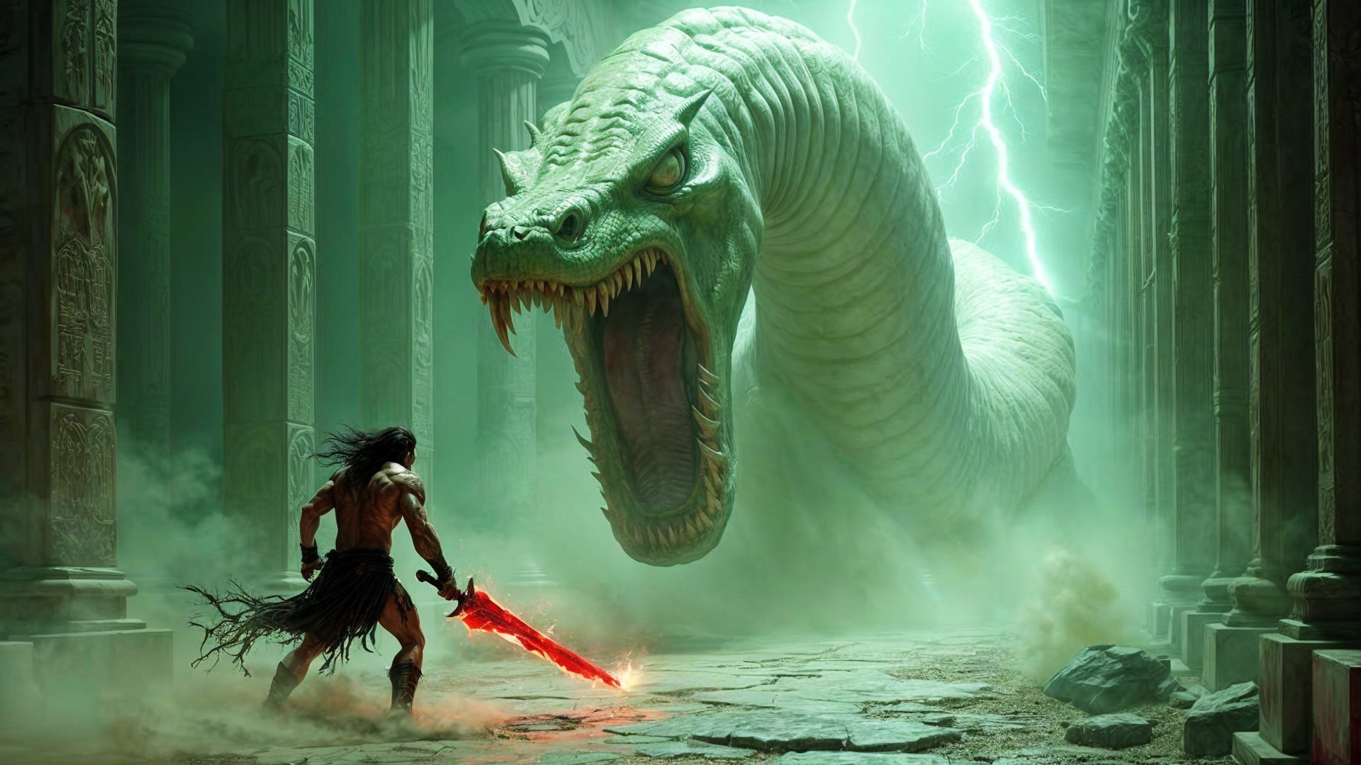 Warrior with Red Sword Faces Colossal Serpent in Temple