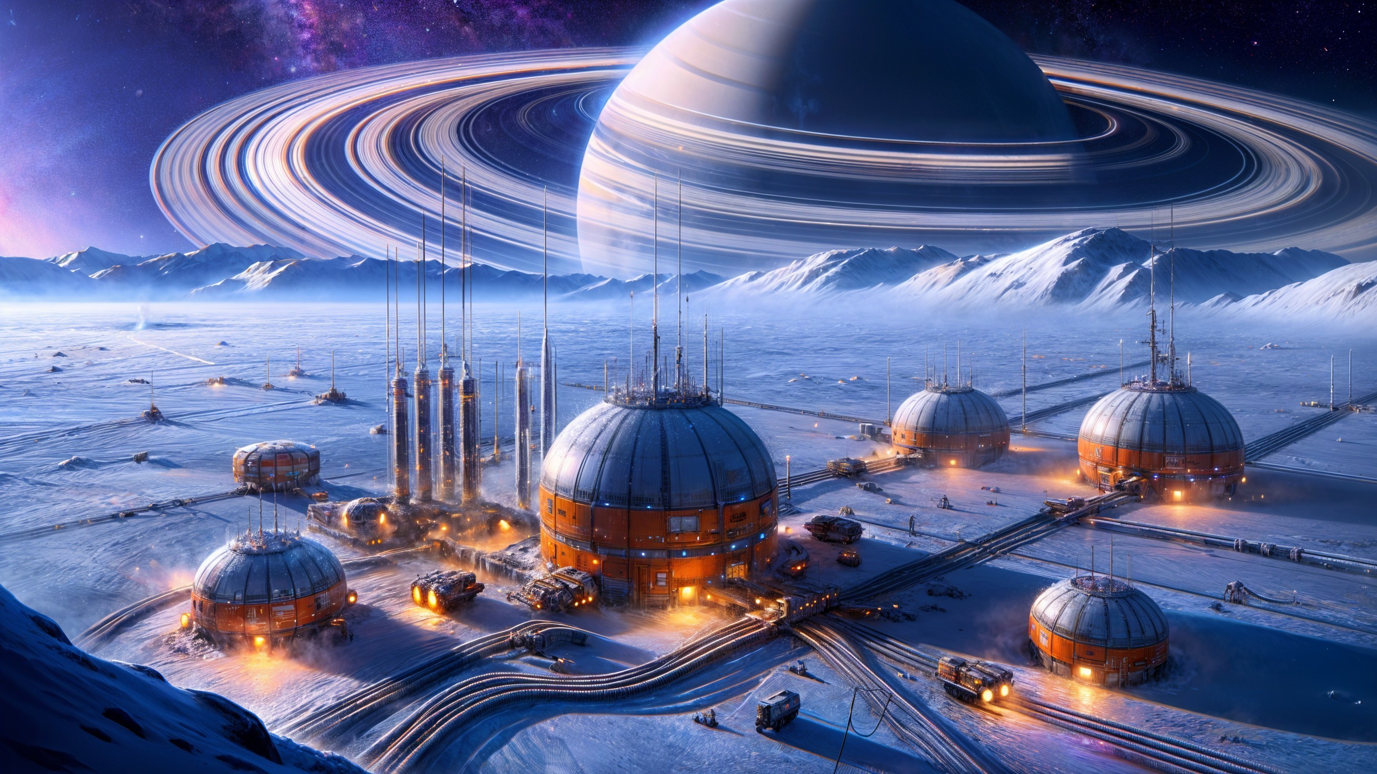 Futuristic Settlement on Snowy Terrain with Saturn View