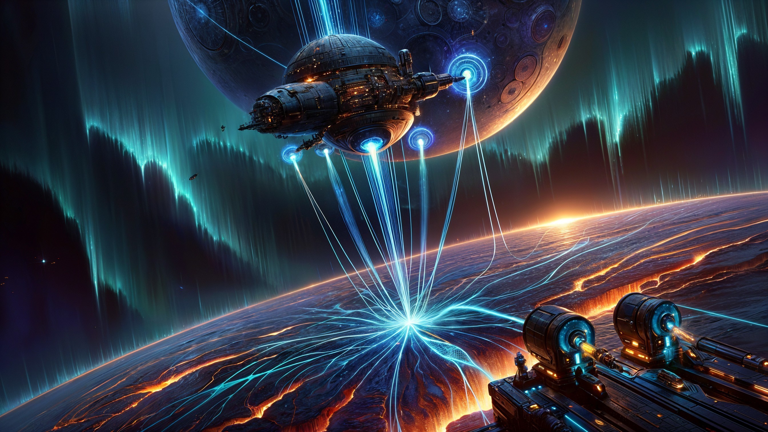 Futuristic Spaceship Above Vibrant Glowing Planet