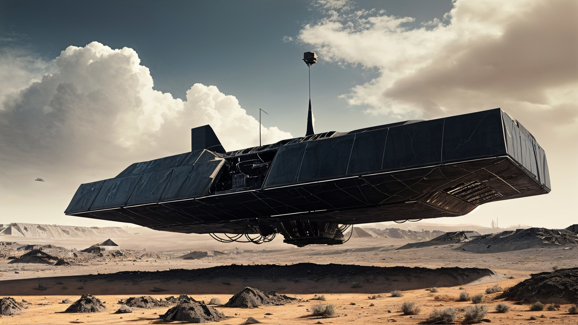 Futuristic spaceship above a desert landscape with mountains