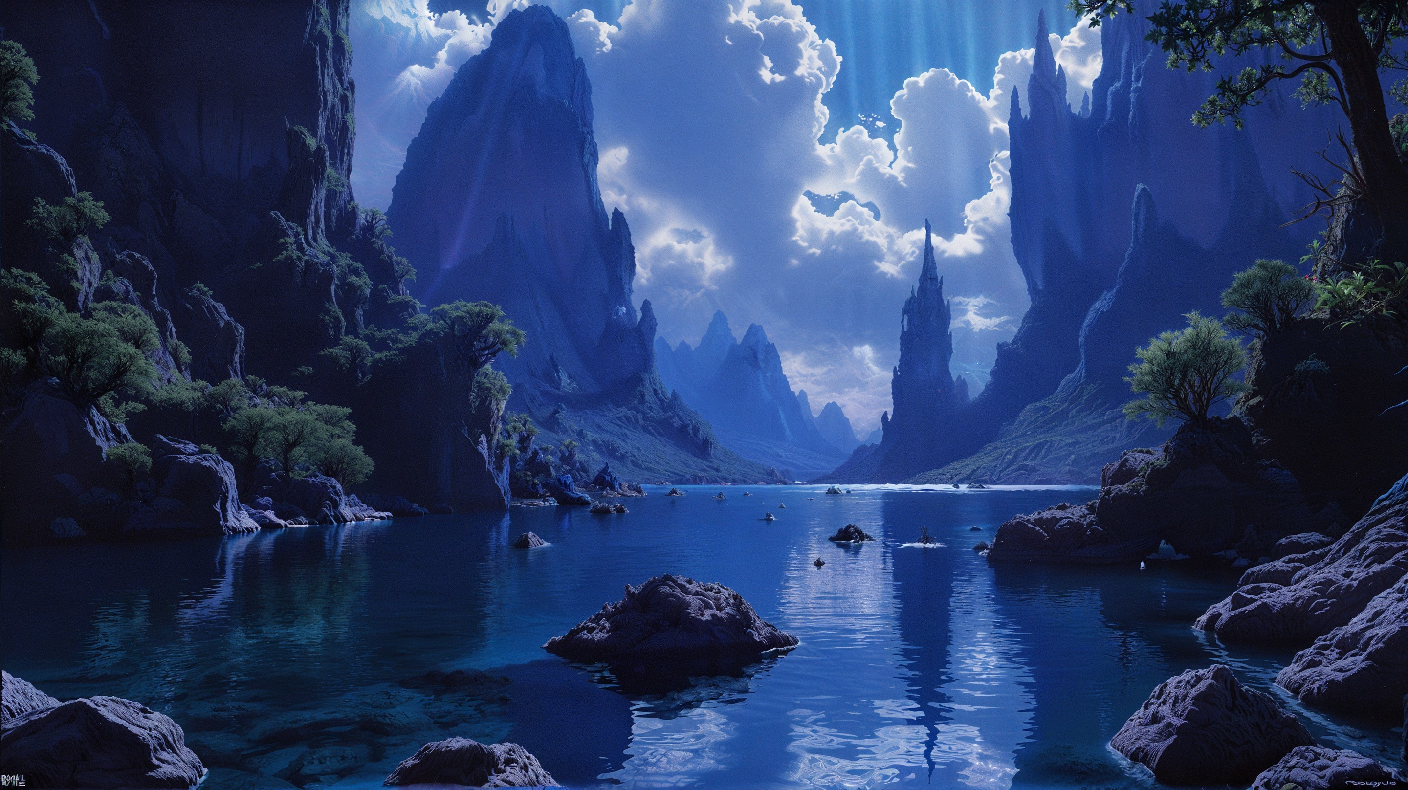 Tranquil Lake Surrounded by Rocky Formations and Mountains