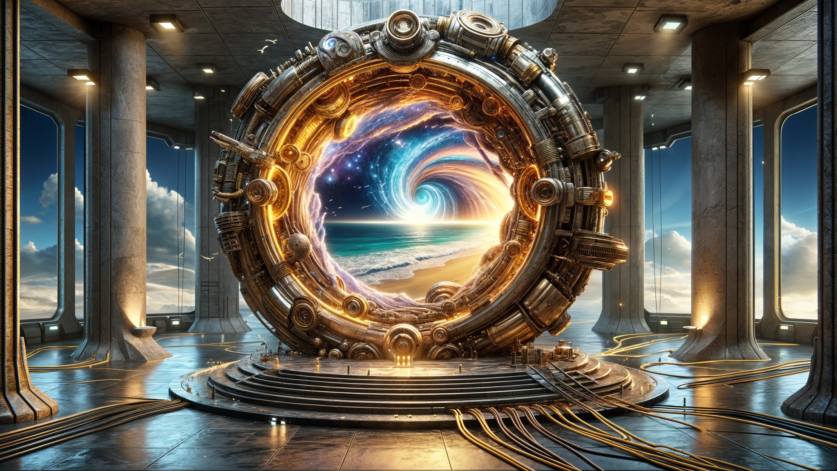 Futuristic Portal with Beach Scene and Advanced Machinery