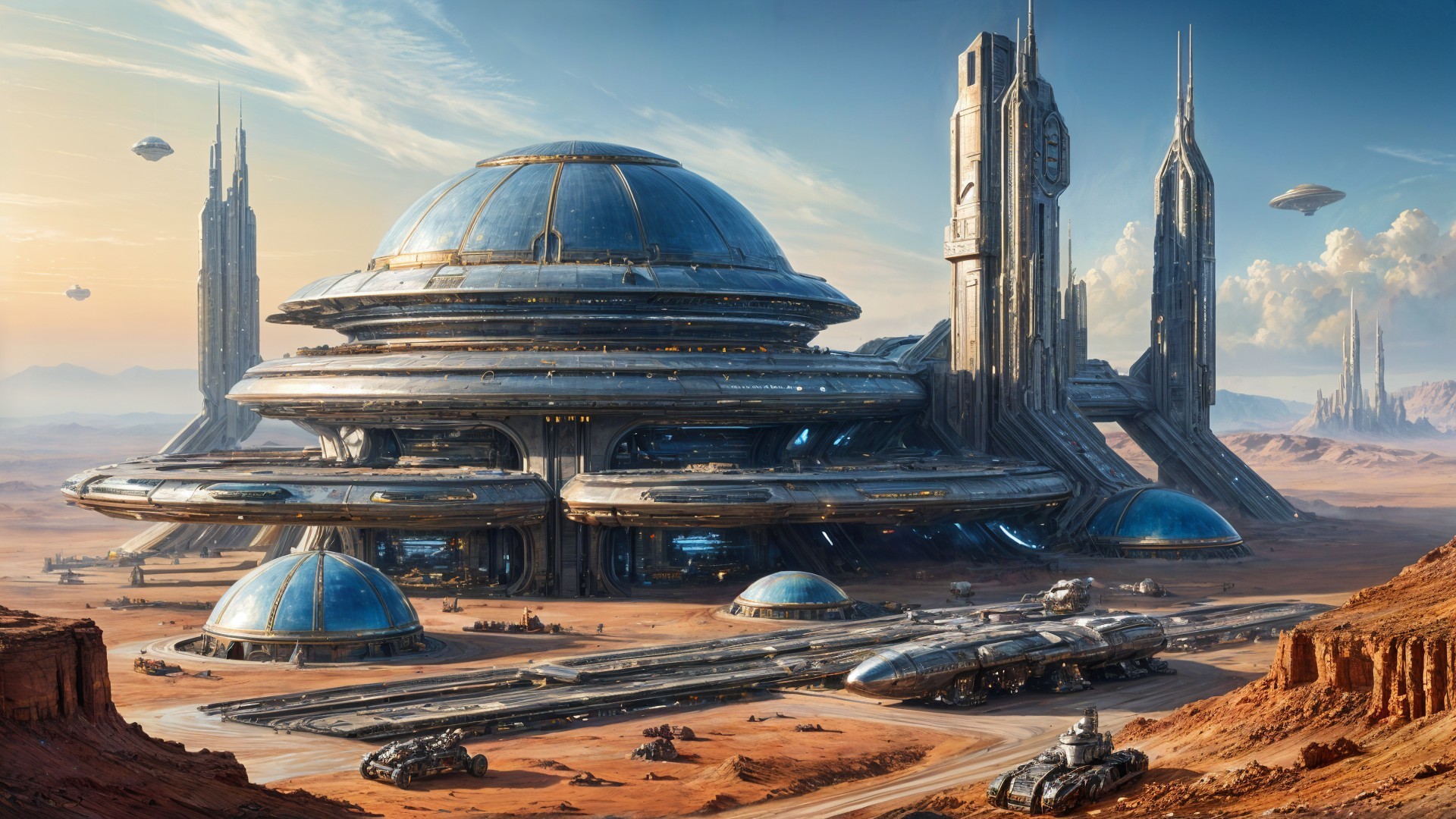 Futuristic Cityscape with Dome Structure and Spires