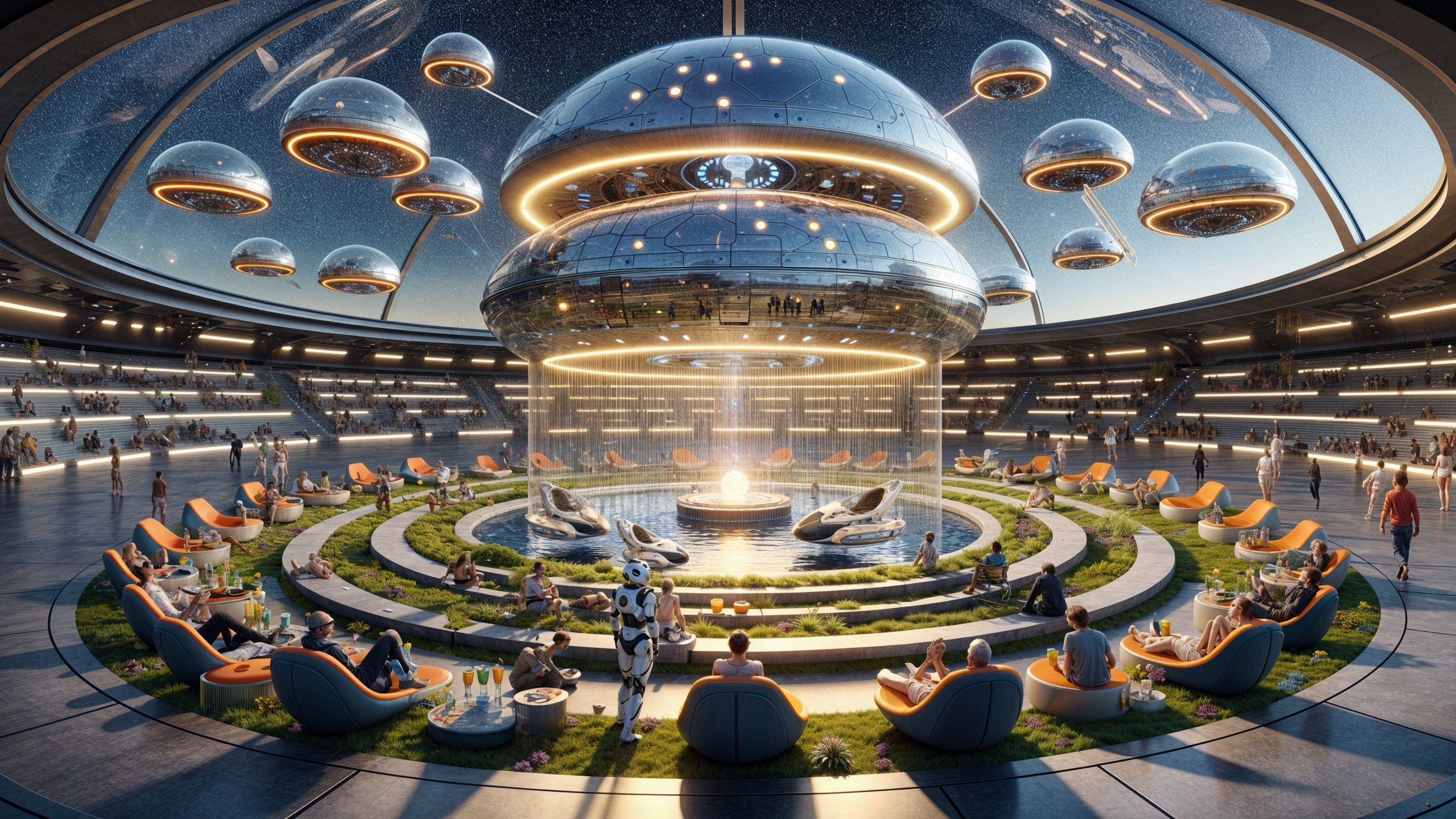 Futuristic Dome Structure with Hovering Orbs and Fountain