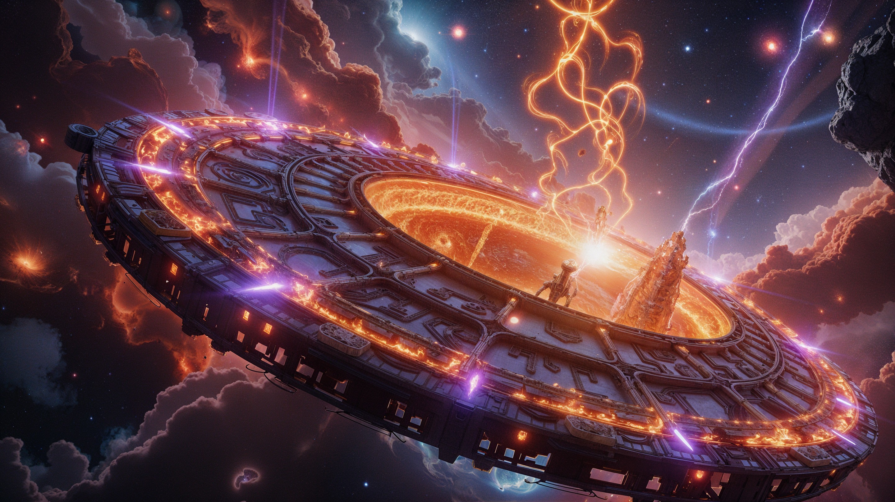 Futuristic spacecraft in a cosmic backdrop with stars