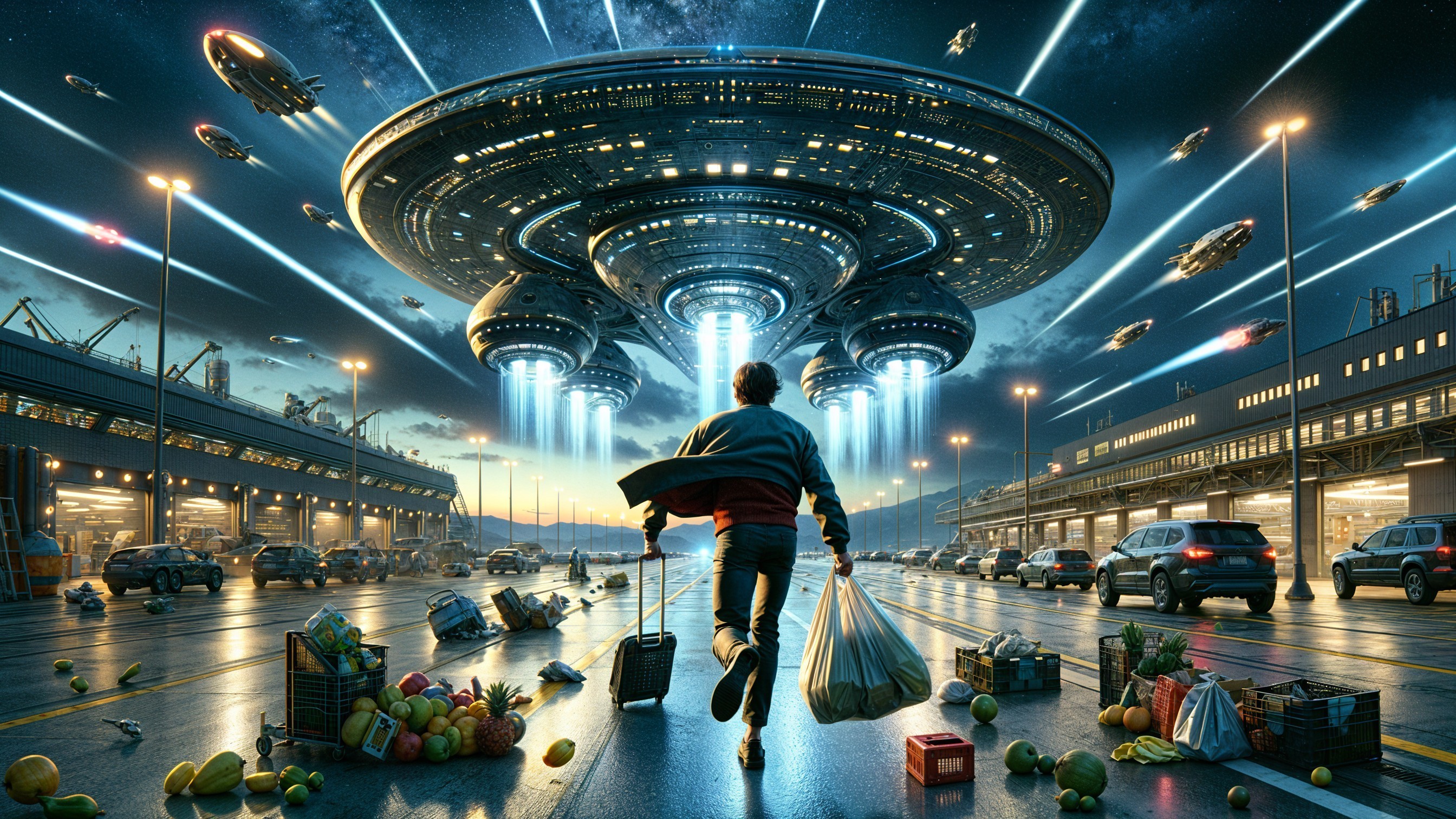Marketplace Scene with Futuristic Spaceships Above