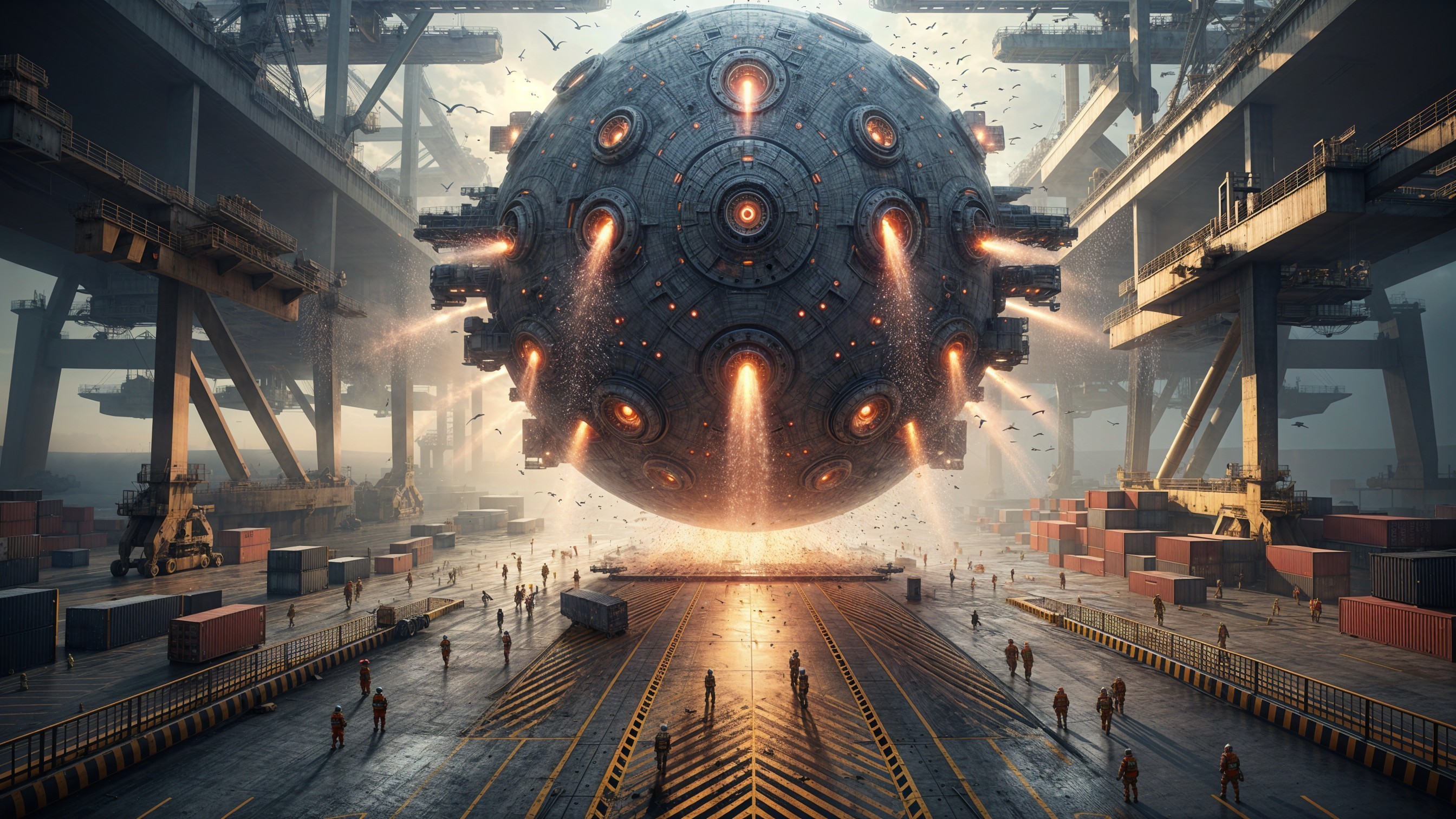 Futuristic sphere above a busy shipping dock scene