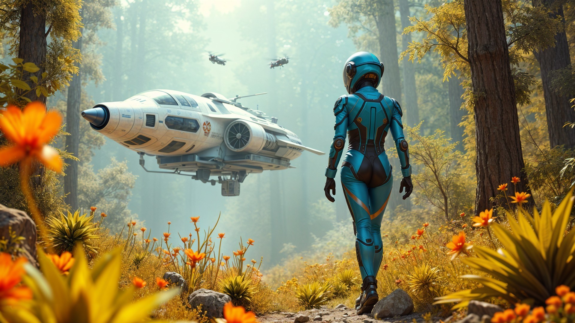 Futuristic Astronaut in Vibrant Forest with Spaceship