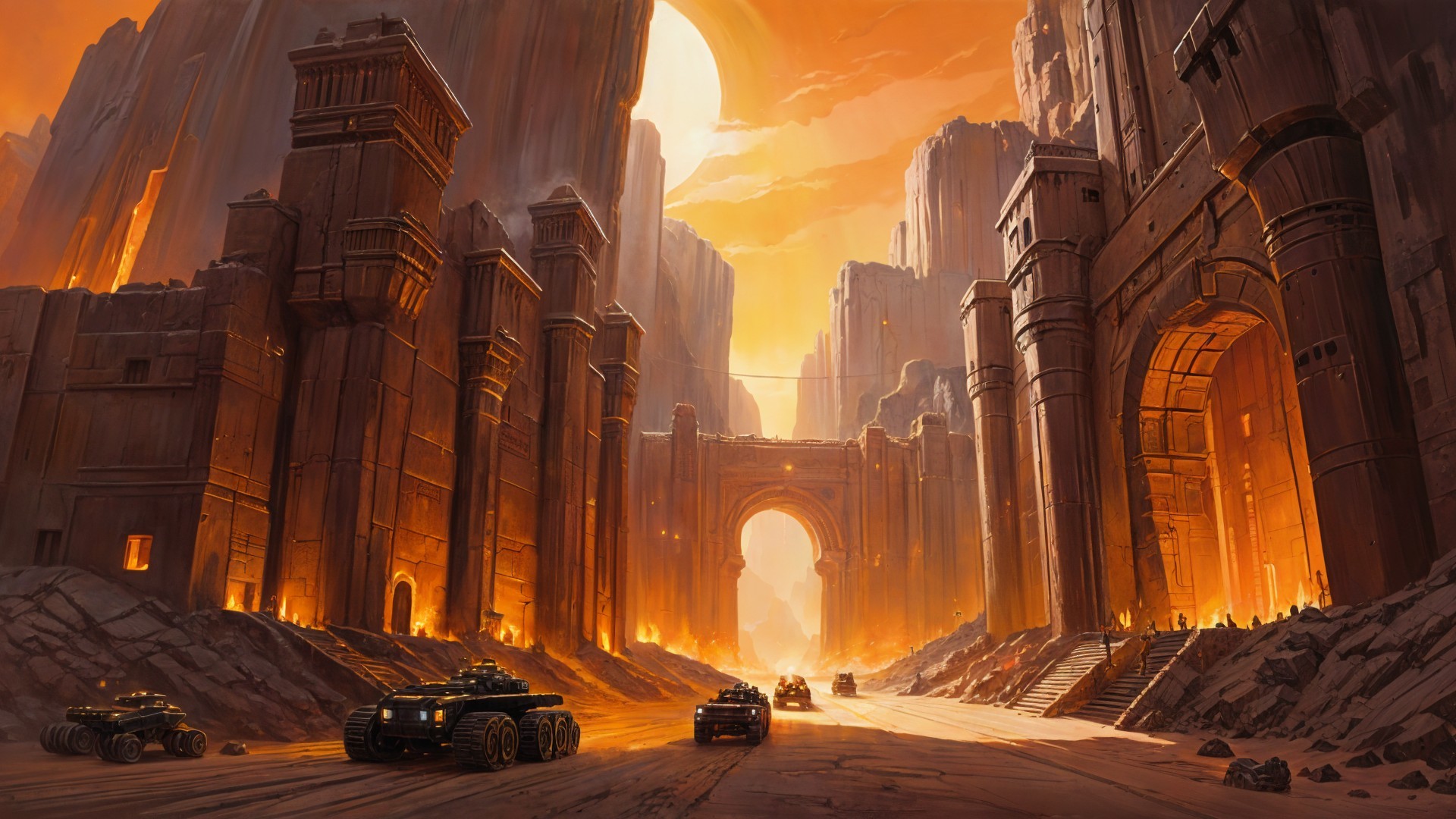 Colossal Ancient Ruins Amidst Towering Cliffs at Sunset