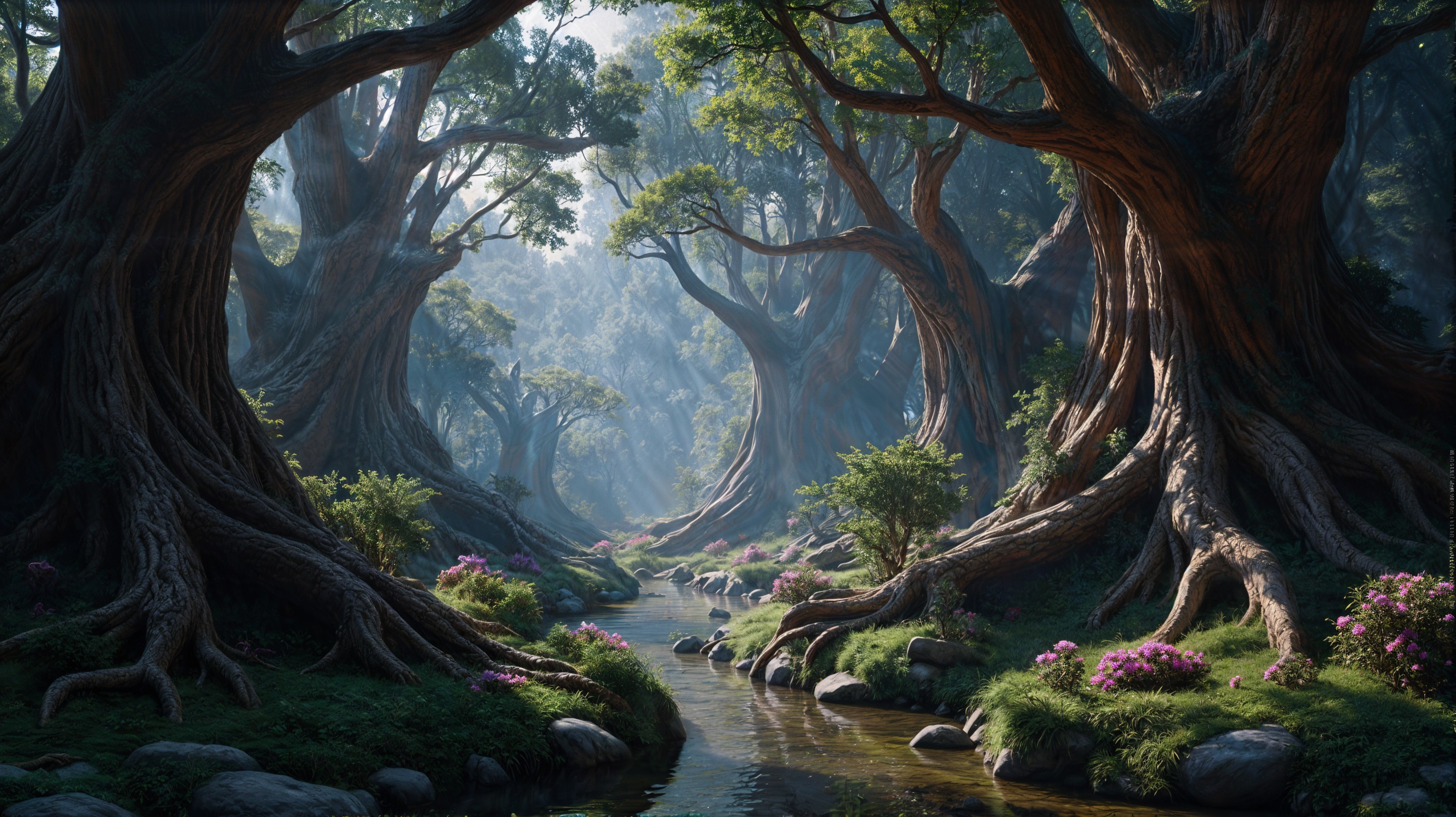 Serene forest scene with towering trees and stream