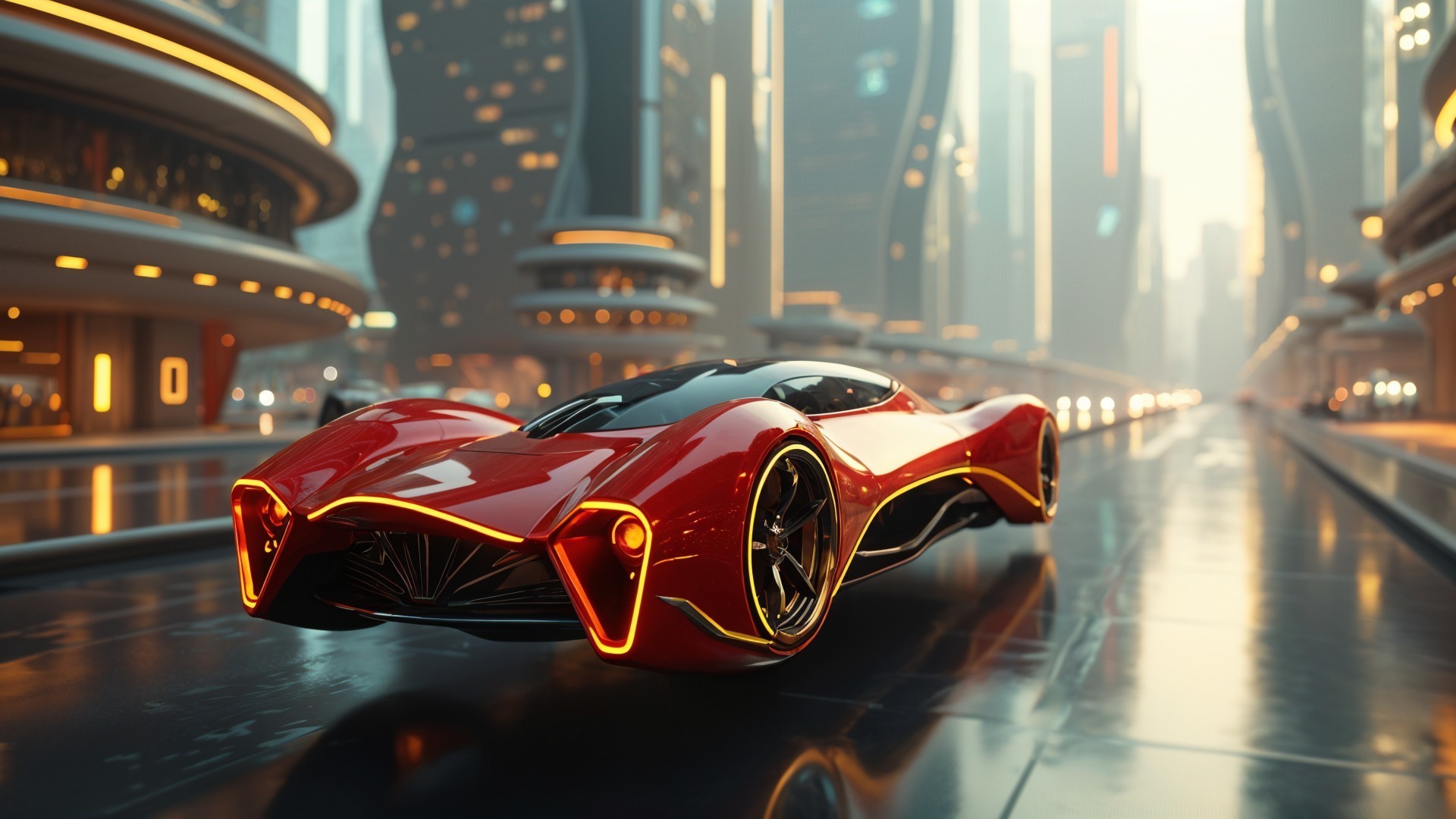Futuristic Red Car on Reflective Urban Street