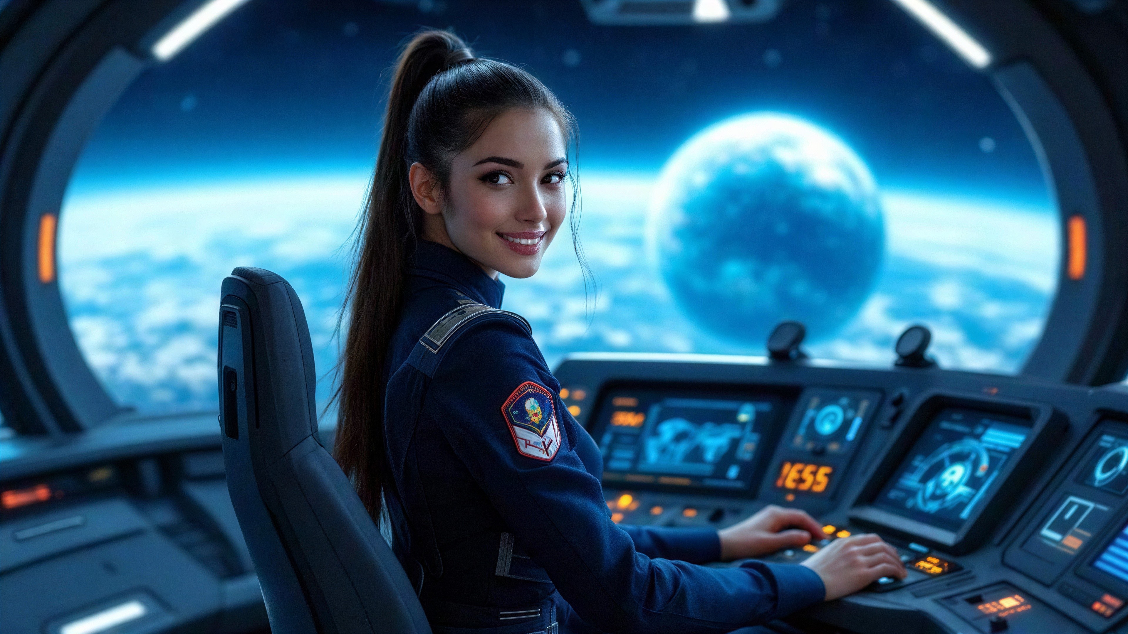 Female astronaut in spaceship cockpit with planet view