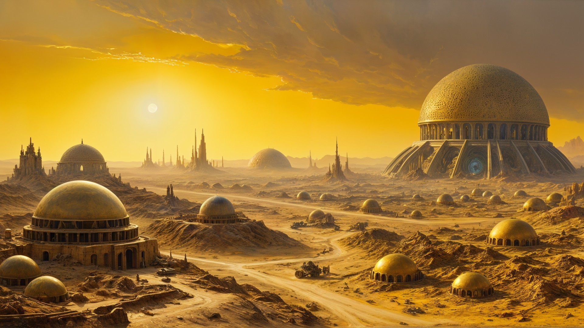 Alien Landscape with Golden Sunlight and Structures