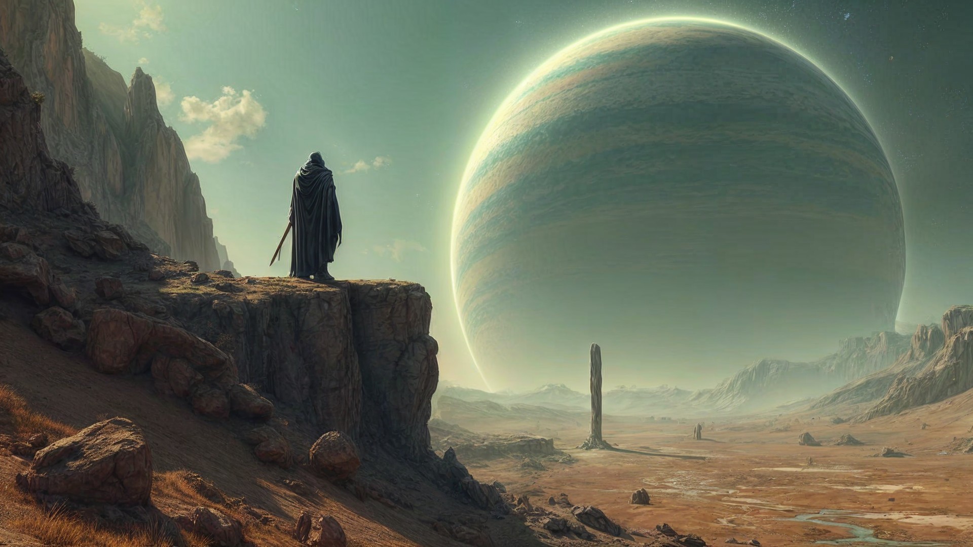 Cloaked Figure Overlooking Desolate Landscape and Gas Giant