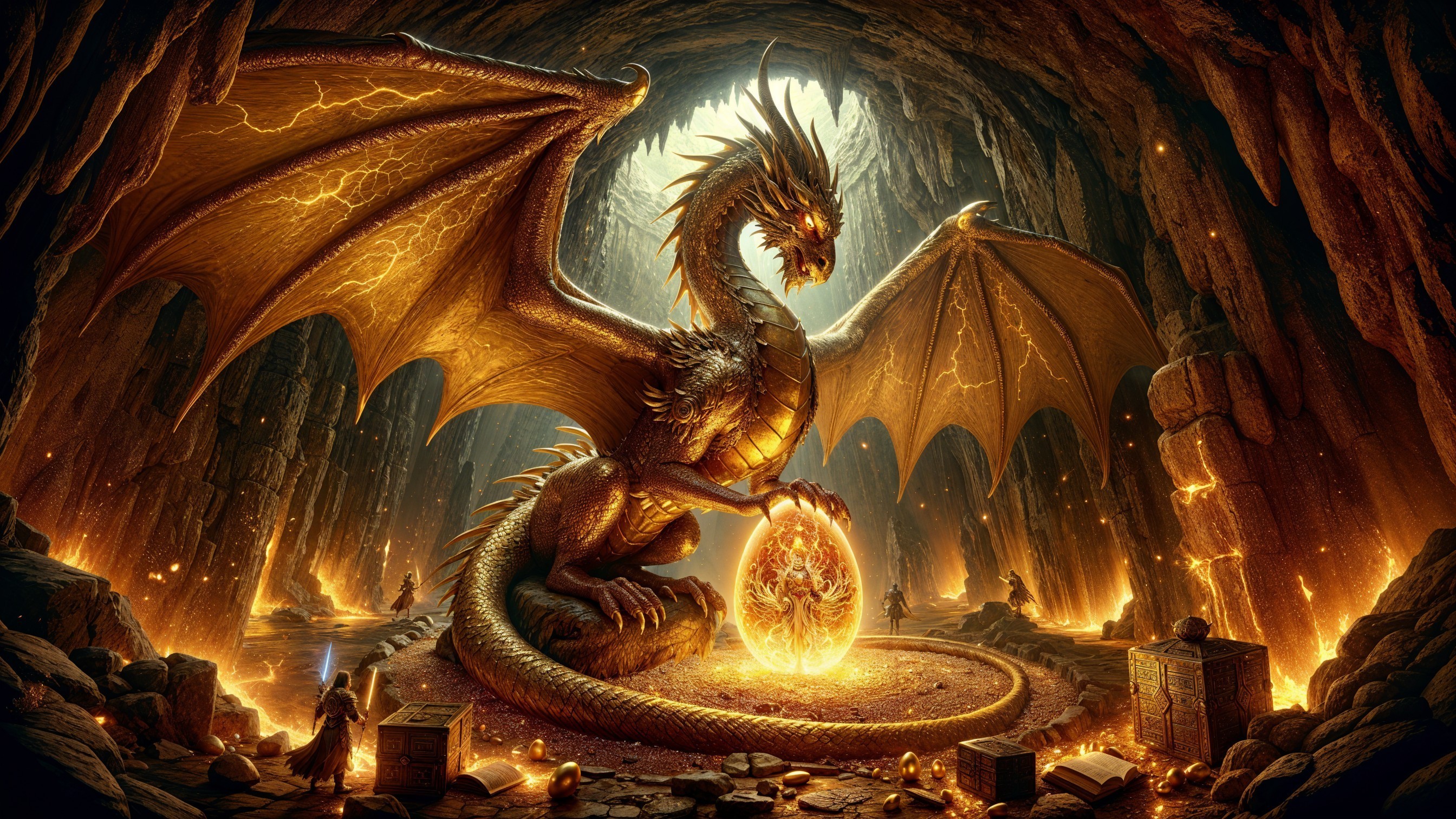 Golden Dragon Guarding Shimmering Egg in Cavern