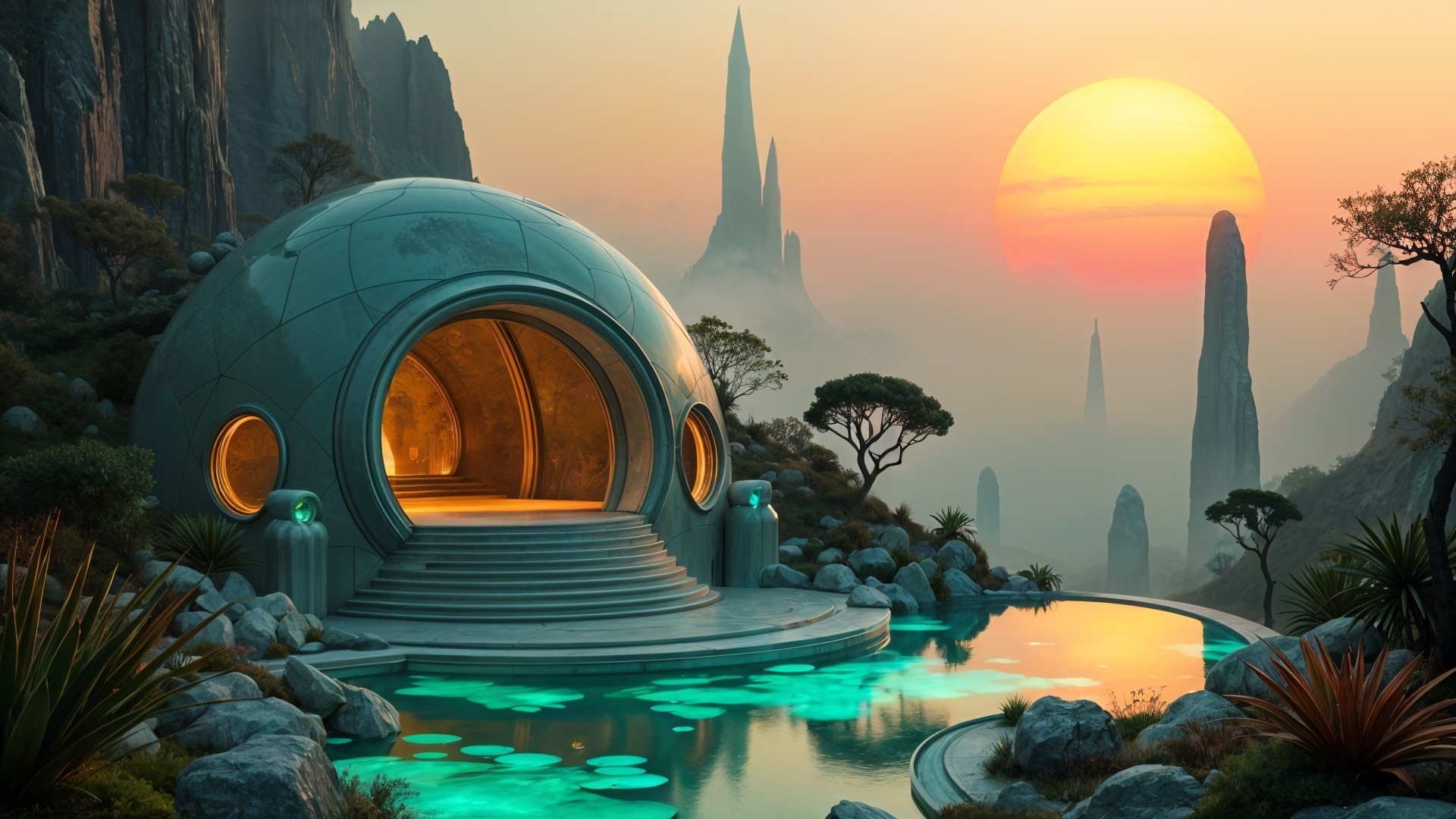 Futuristic dome structure in serene landscape setting